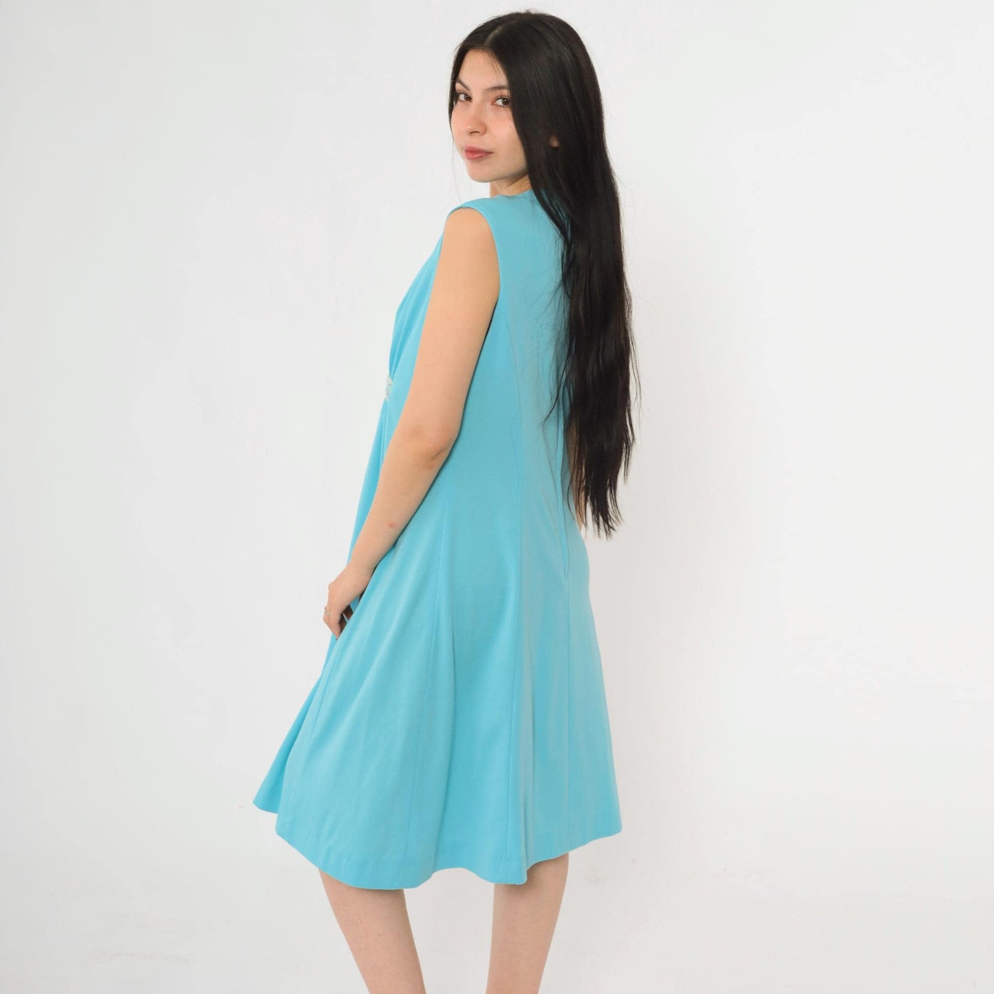 70s Blue Grecian Midi Dress Empire Waist Embroidered V Neck Sleeveless Medium