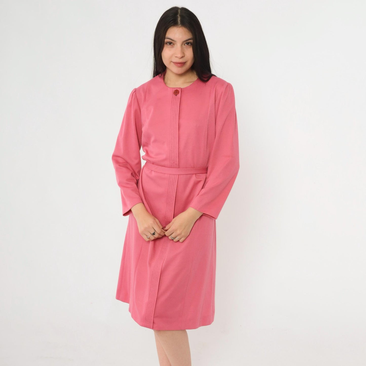 70s Pink Button-Up Shirtdress A-Line Midi Puff Sleeve Tie Belt Large