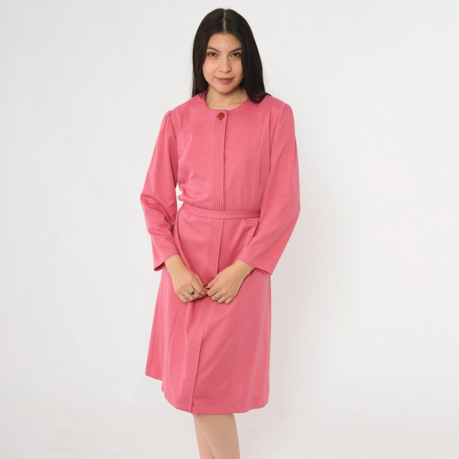 70s Pink Button-Up Shirtdress A-Line Midi Puff Sleeve Tie Belt Large
