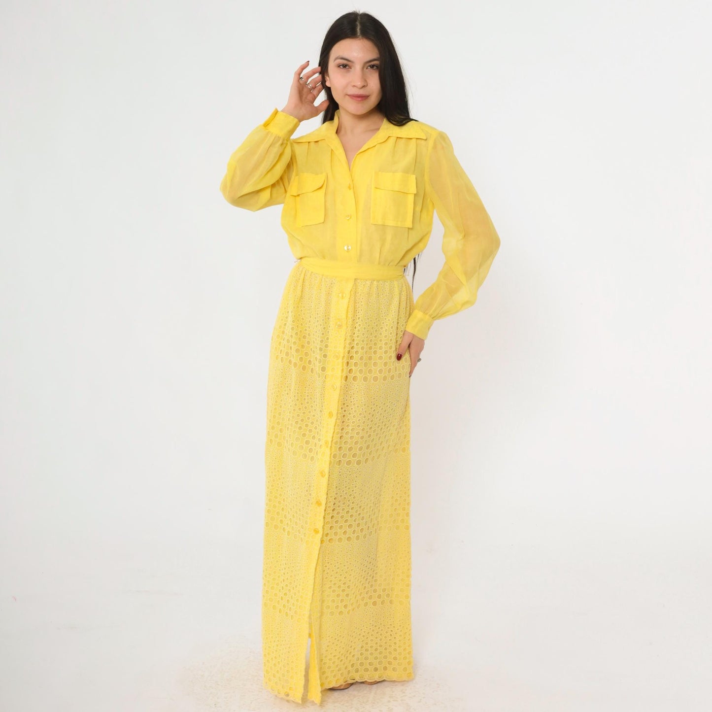 70s Yellow Eyelet Lace Maxi Dress Button-Up High Waist Utility Pockets Small