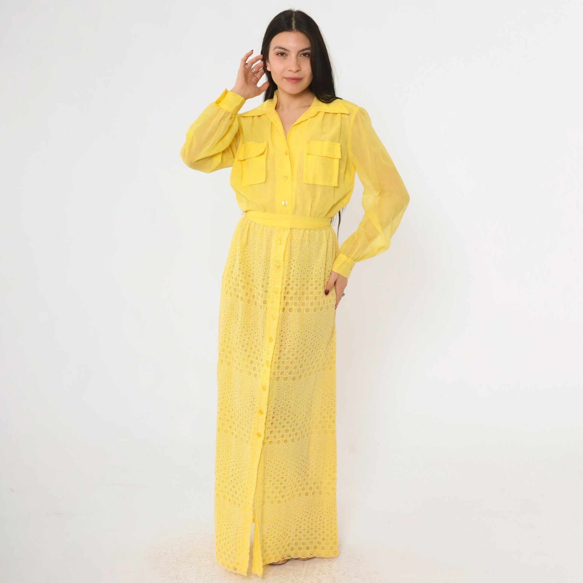 70s Yellow Eyelet Lace Maxi Dress Button-Up High Waist Utility Pockets Small