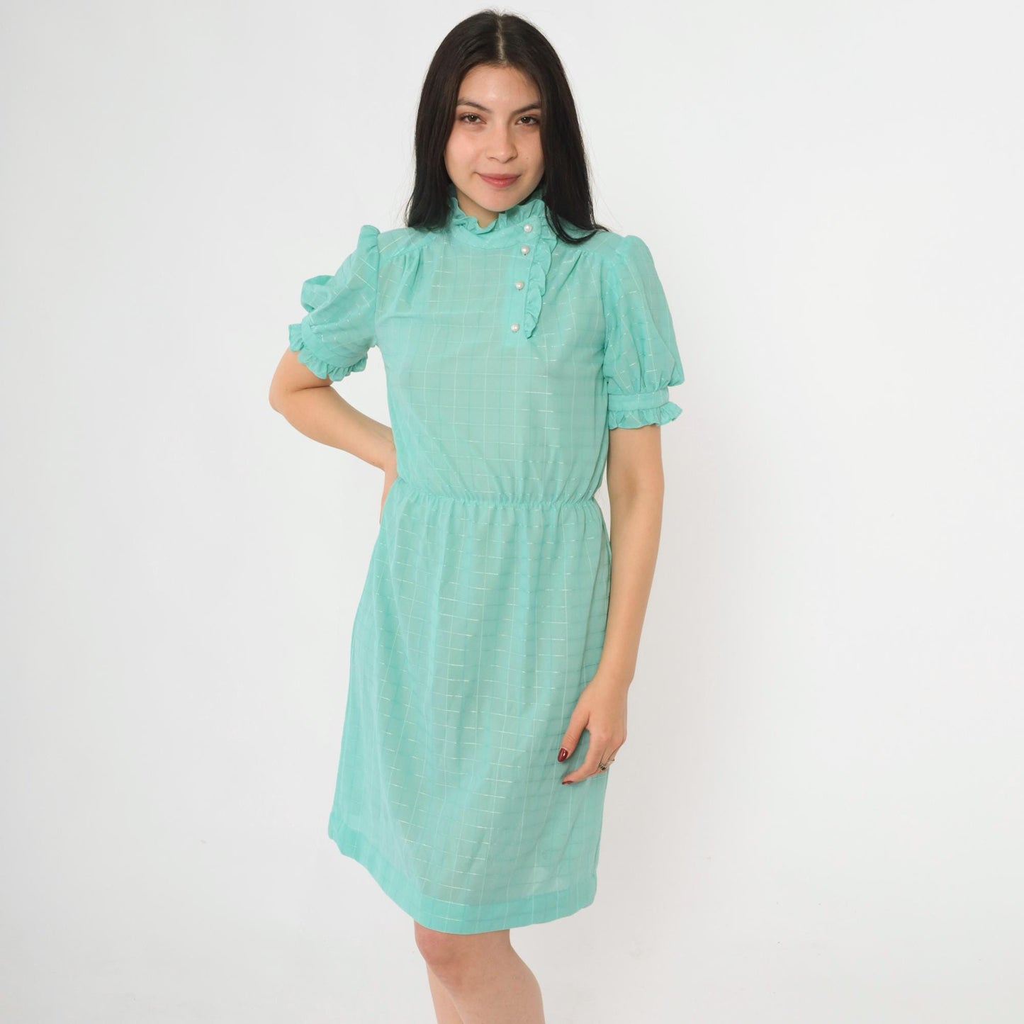 80s Seafoam Checkered Midi Dress Puff Sleeve Button-Up Ruffle Neckline Small