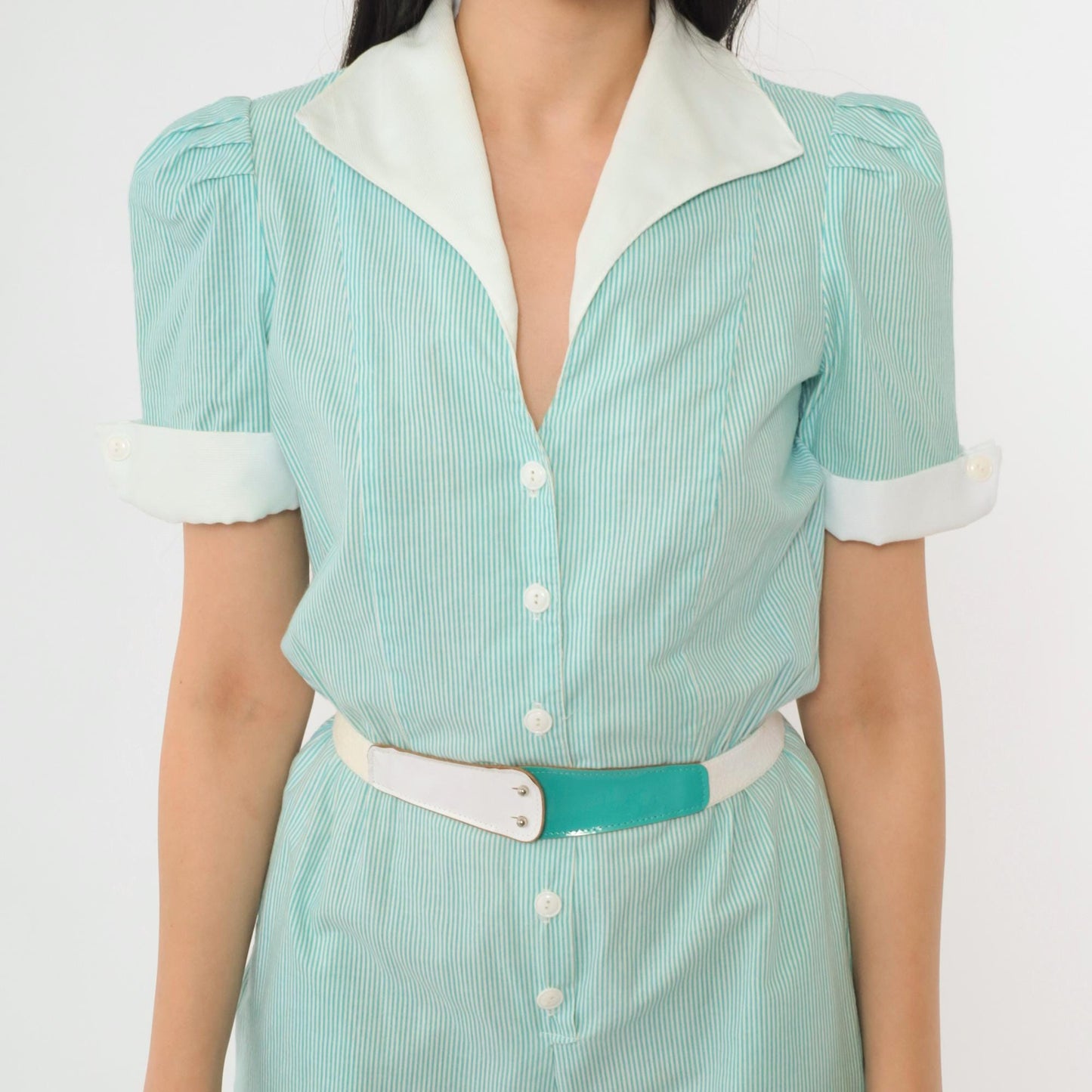 80s Aqua Striped Puff Sleeve Jumpsuit High Waisted Button Up Cotton Extra Small