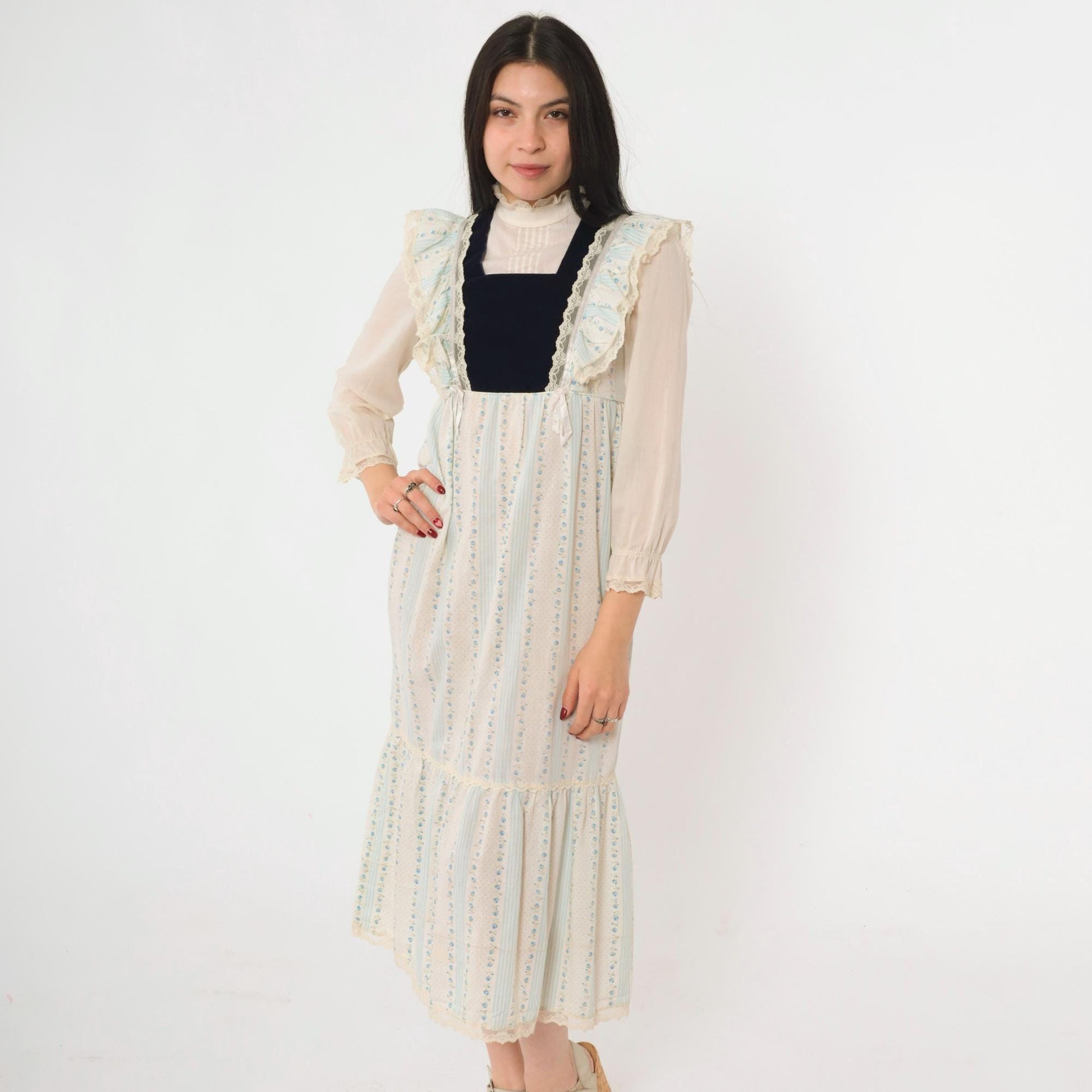 70s Prairie Midi Dress Blue Floral Velvet Bib Lace Ruffle High Neck XXS