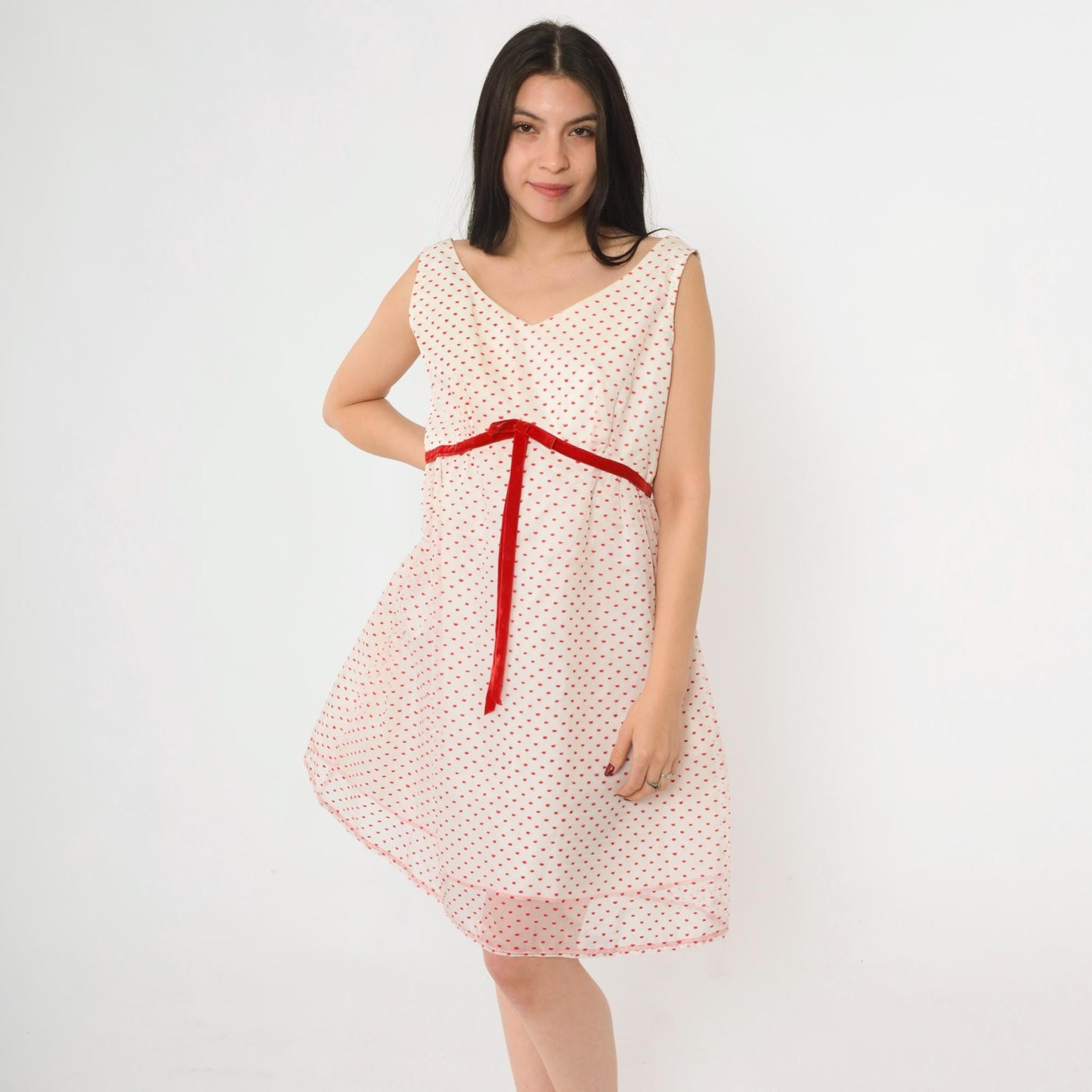 60s White Party Dress Flocked Crown Dot Print Red Velvet Bow Empire Waist Mini Medium