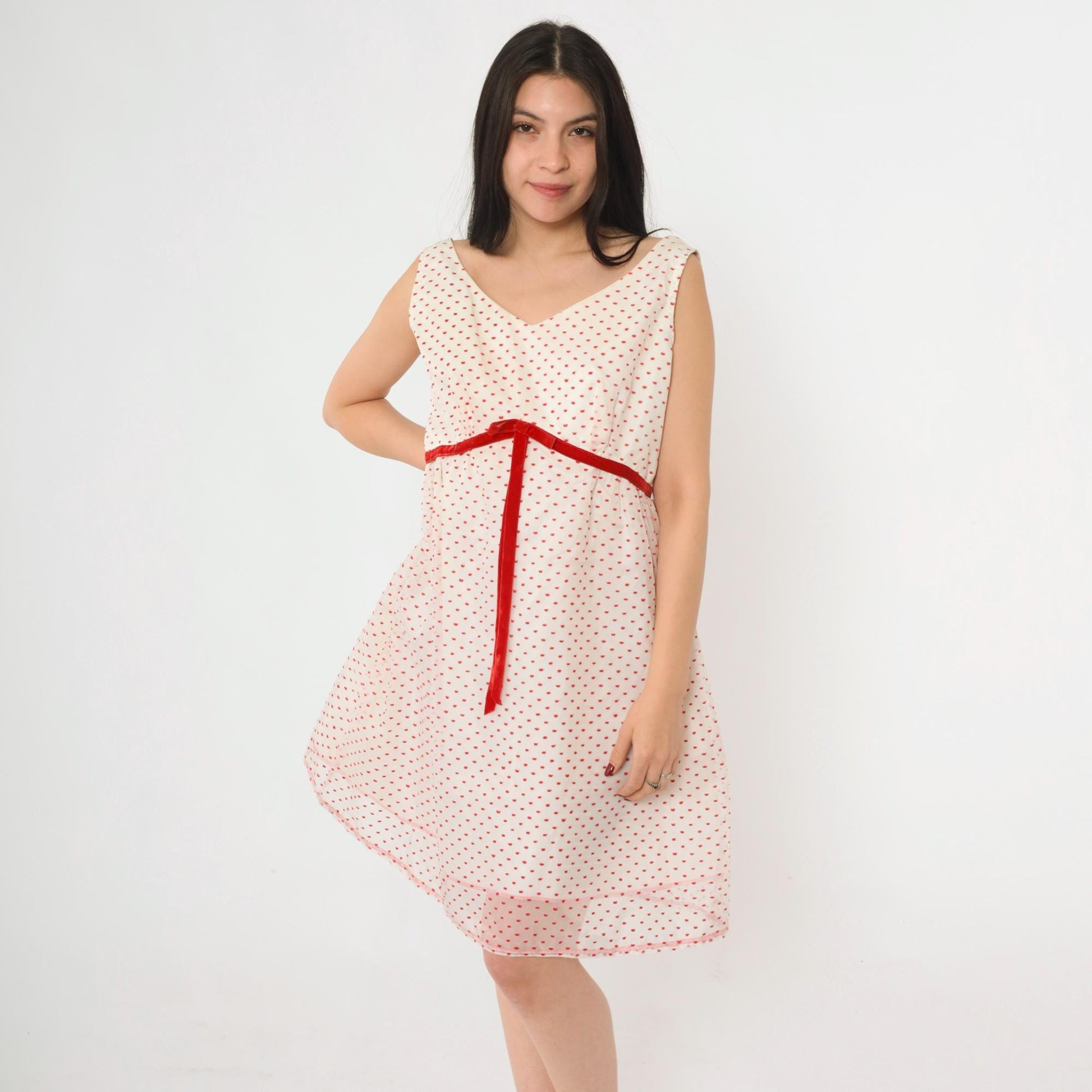 60s White Party Dress Flocked Crown Dot Print Red Velvet Bow Empire Waist Mini Medium