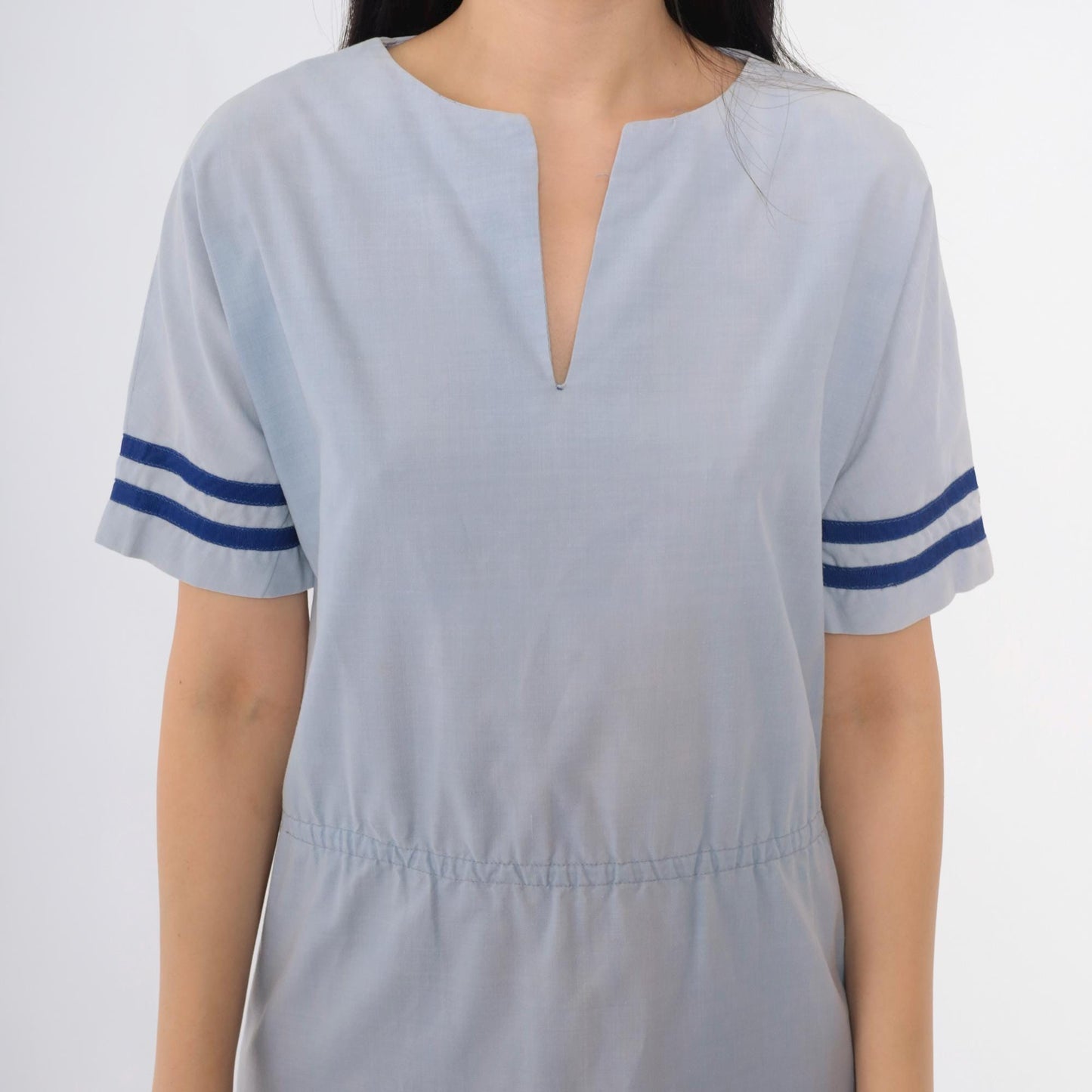 1970s Blue Striped V-Neck Mini Dress High Waist Short Sleeve Small