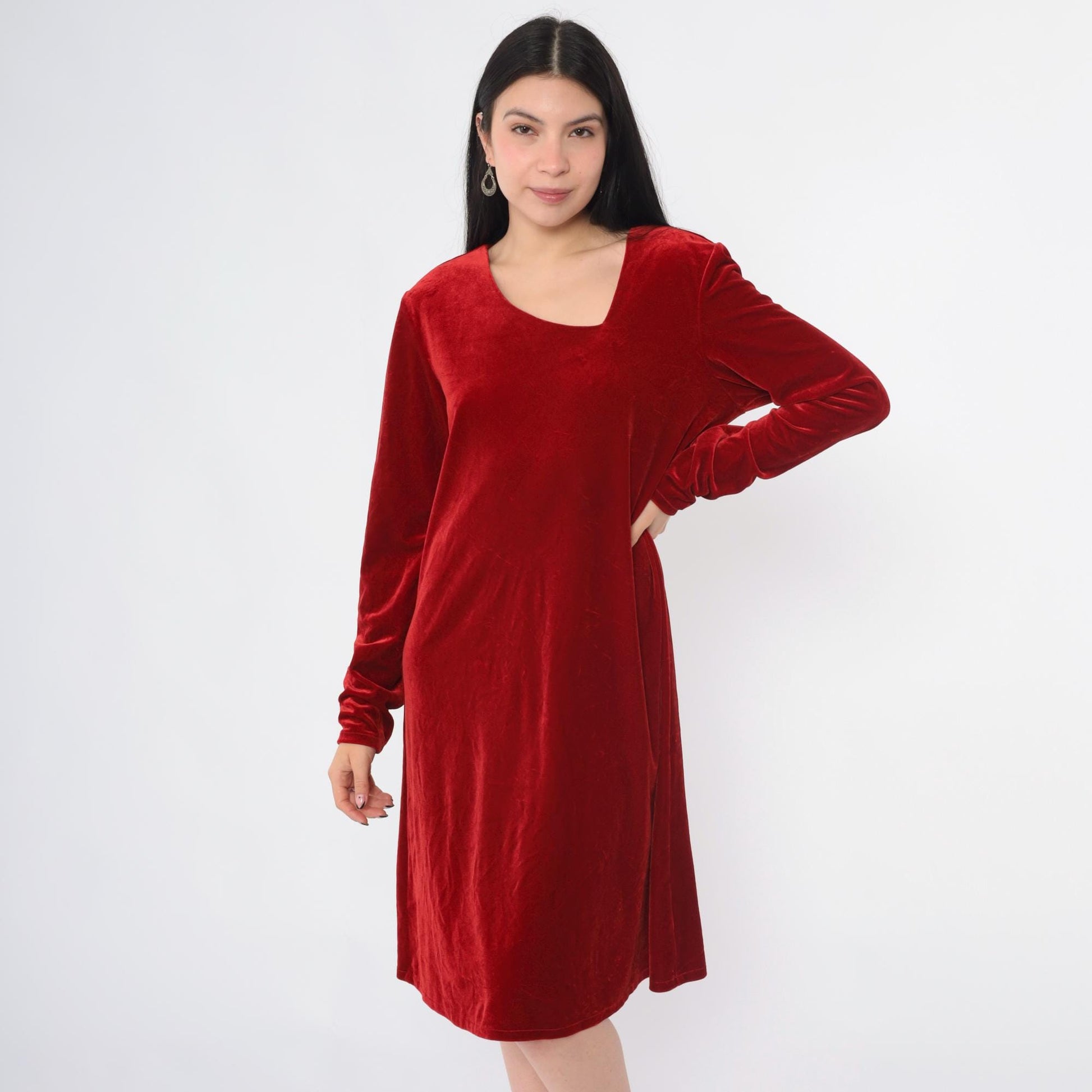 90s Red Velvet Shift Dress Asymmetrical Neckline Long Sleeve Knee Length Medium