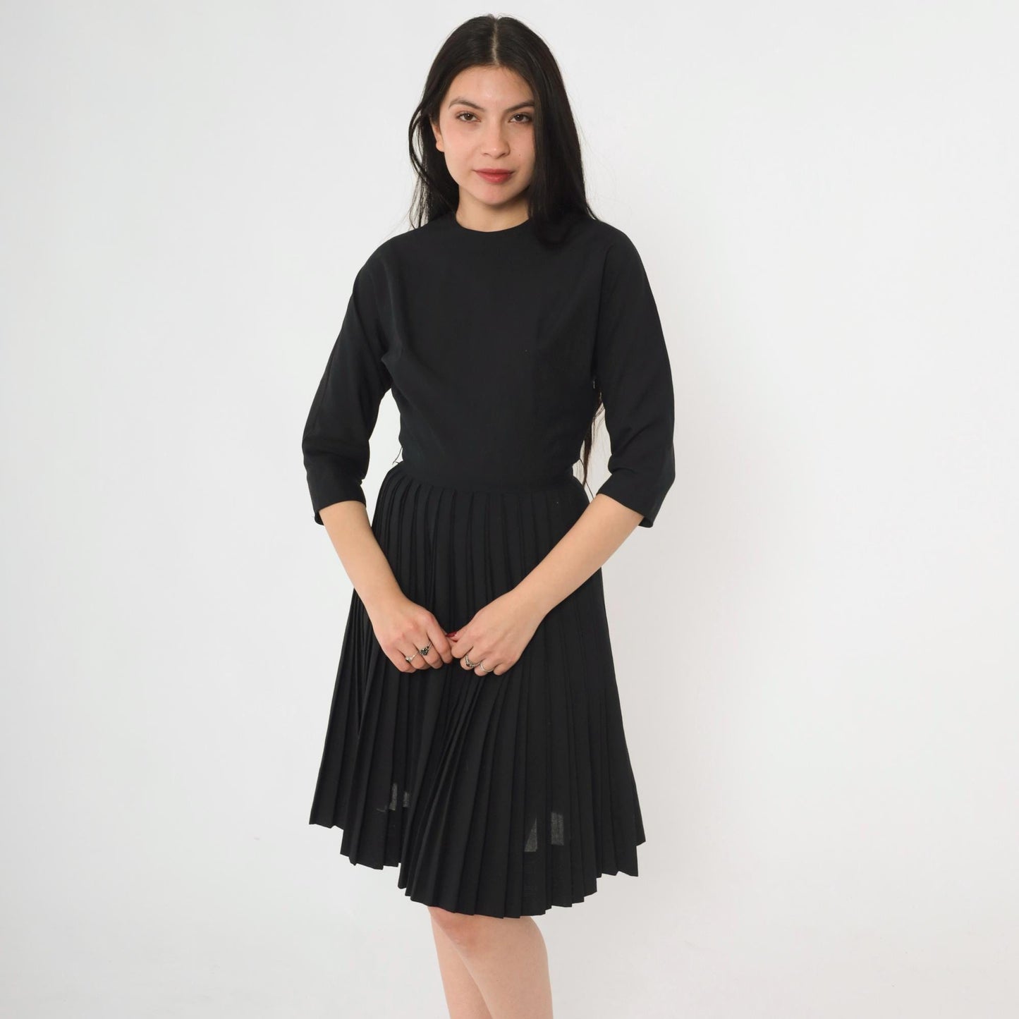60s Howard Wolf Black Pleated Cocktail Dress 3/4 Sleeve Tailored Extra Small XS