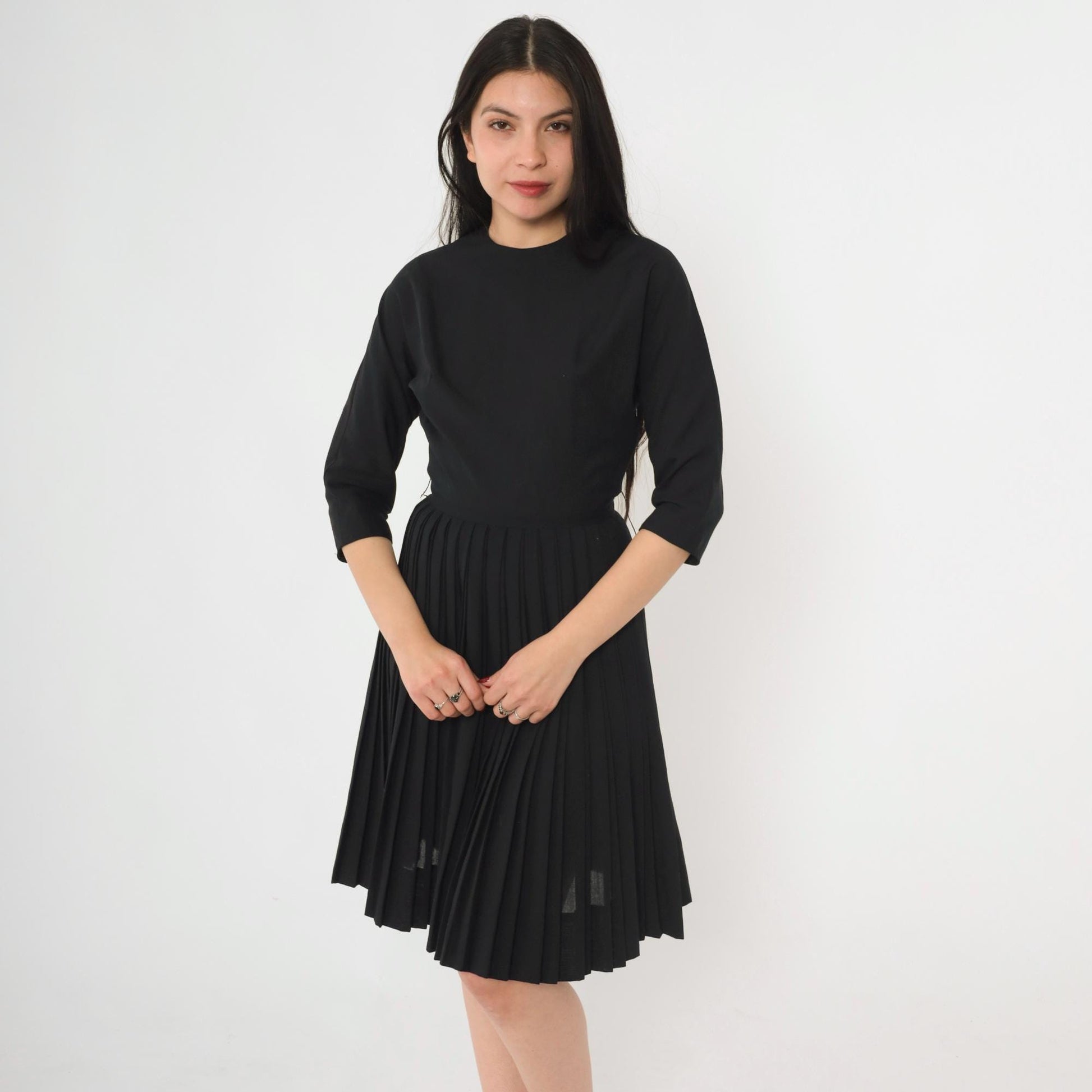 60s Howard Wolf Black Pleated Cocktail Dress 3/4 Sleeve Tailored Extra Small XS