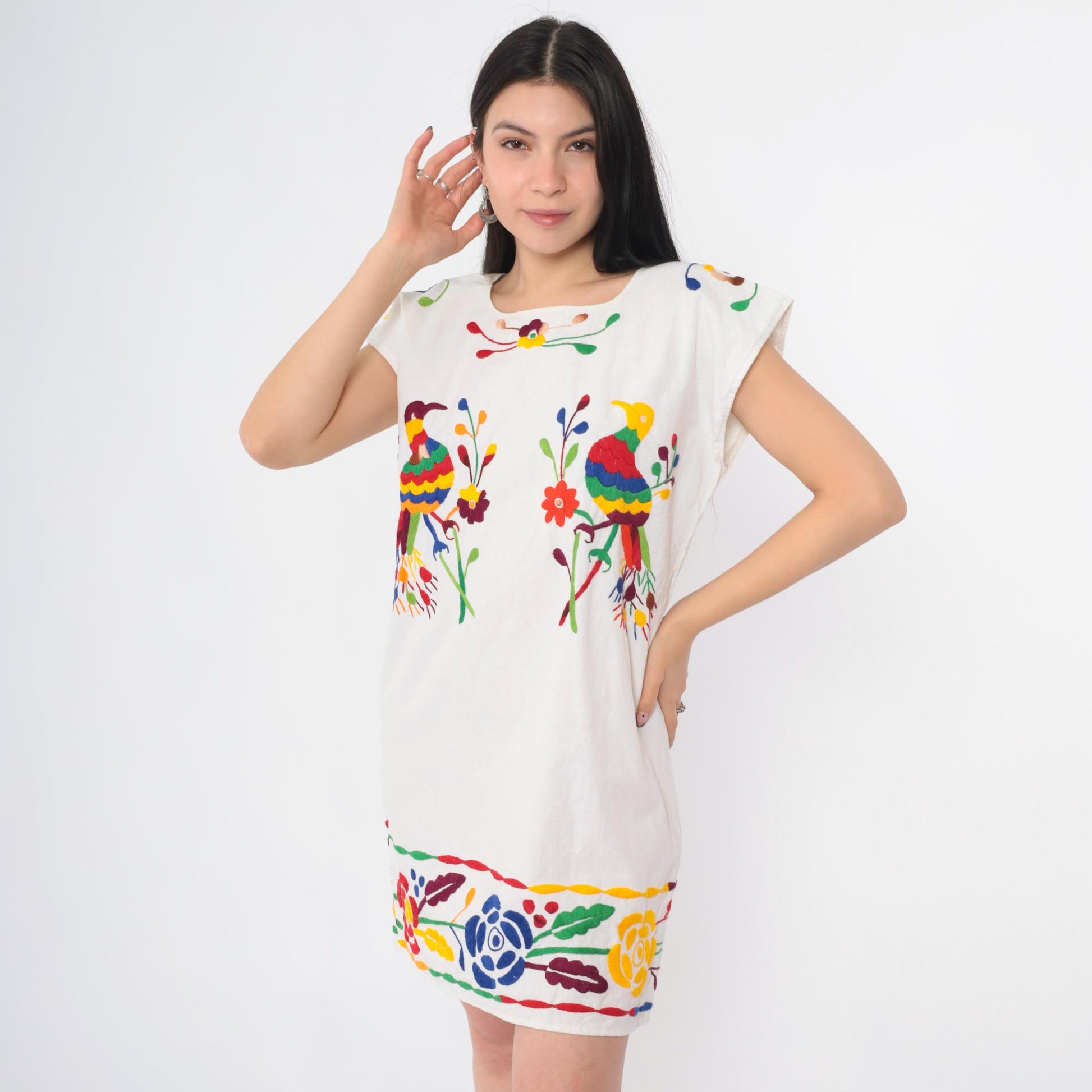 90s Mexican Embroidered Peacock Floral Mini Dress White Cotton Tunic Medium M