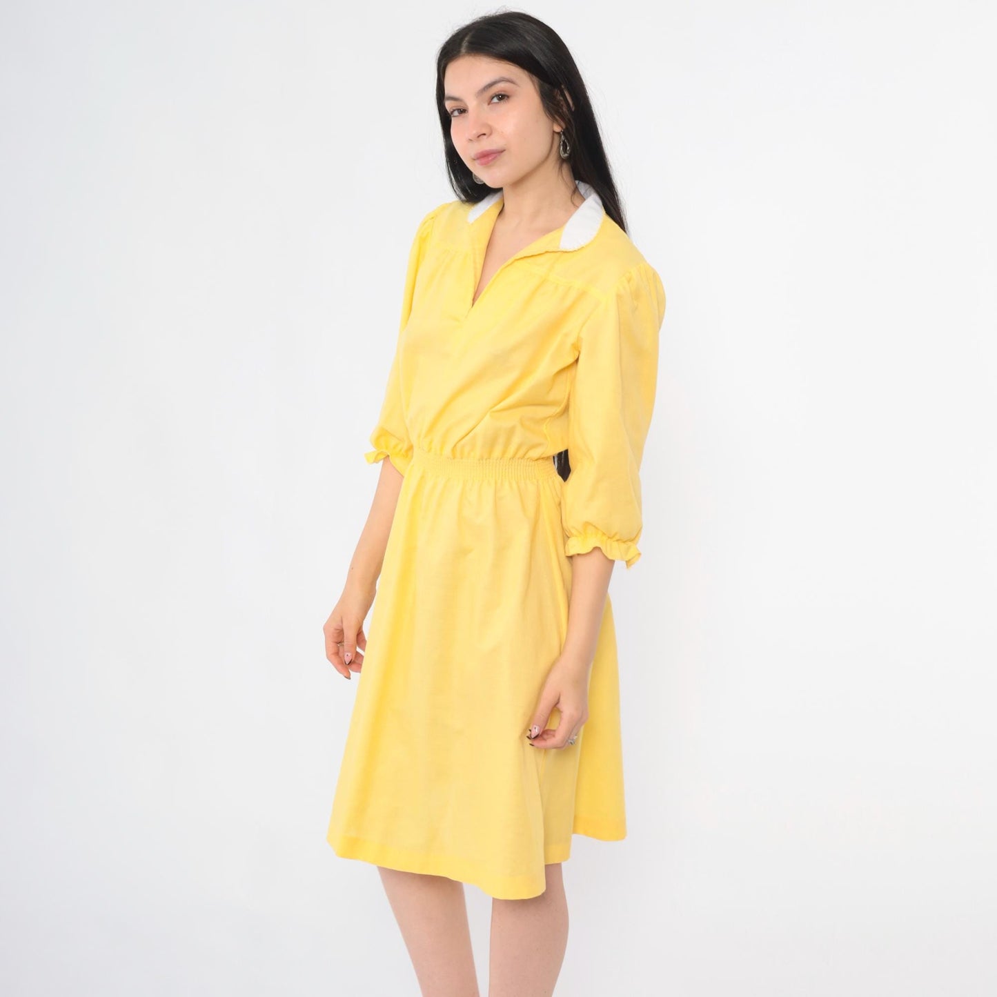 70s Yellow Puff Sleeve Midi Dress White Collar Smocked Waist Small S