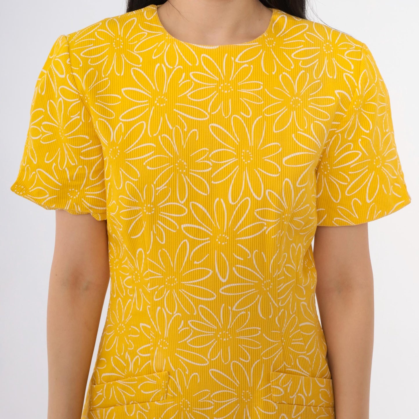 90s Yellow Floral Cotton Sheath Dress Short Sleeve Mini Small 6