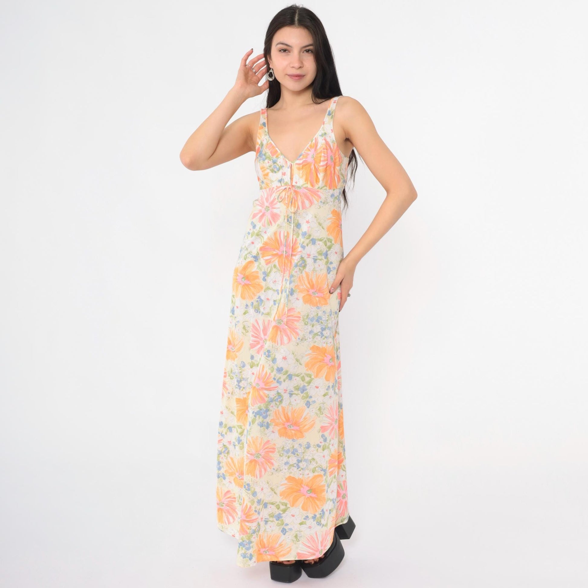 70s Floral Nightgown Maxi Slip Dress White Plunge Neckline Extra Small
