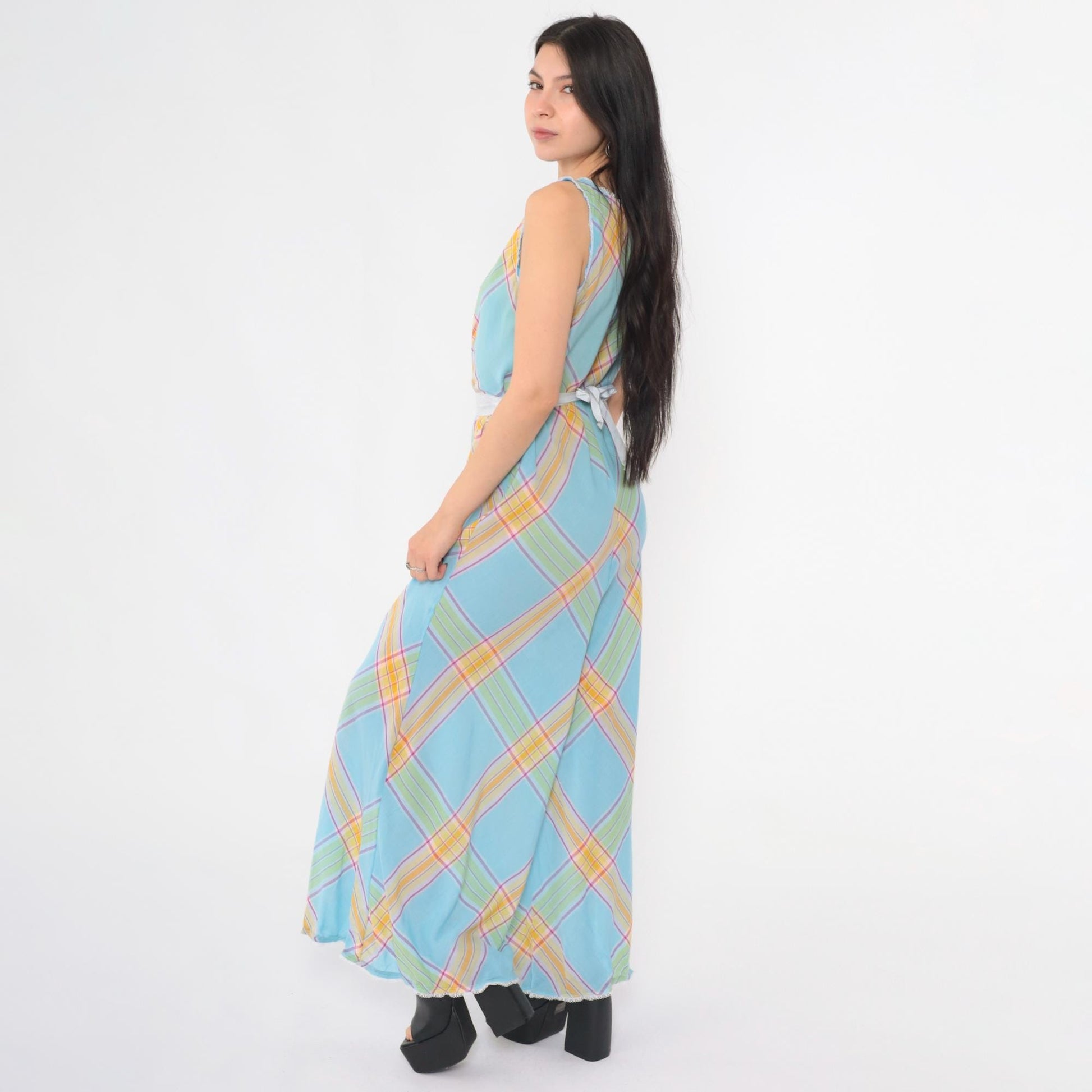 70s Light Blue Plaid Palazzo Jumpsuit Scoop Neck High Waist Medium M