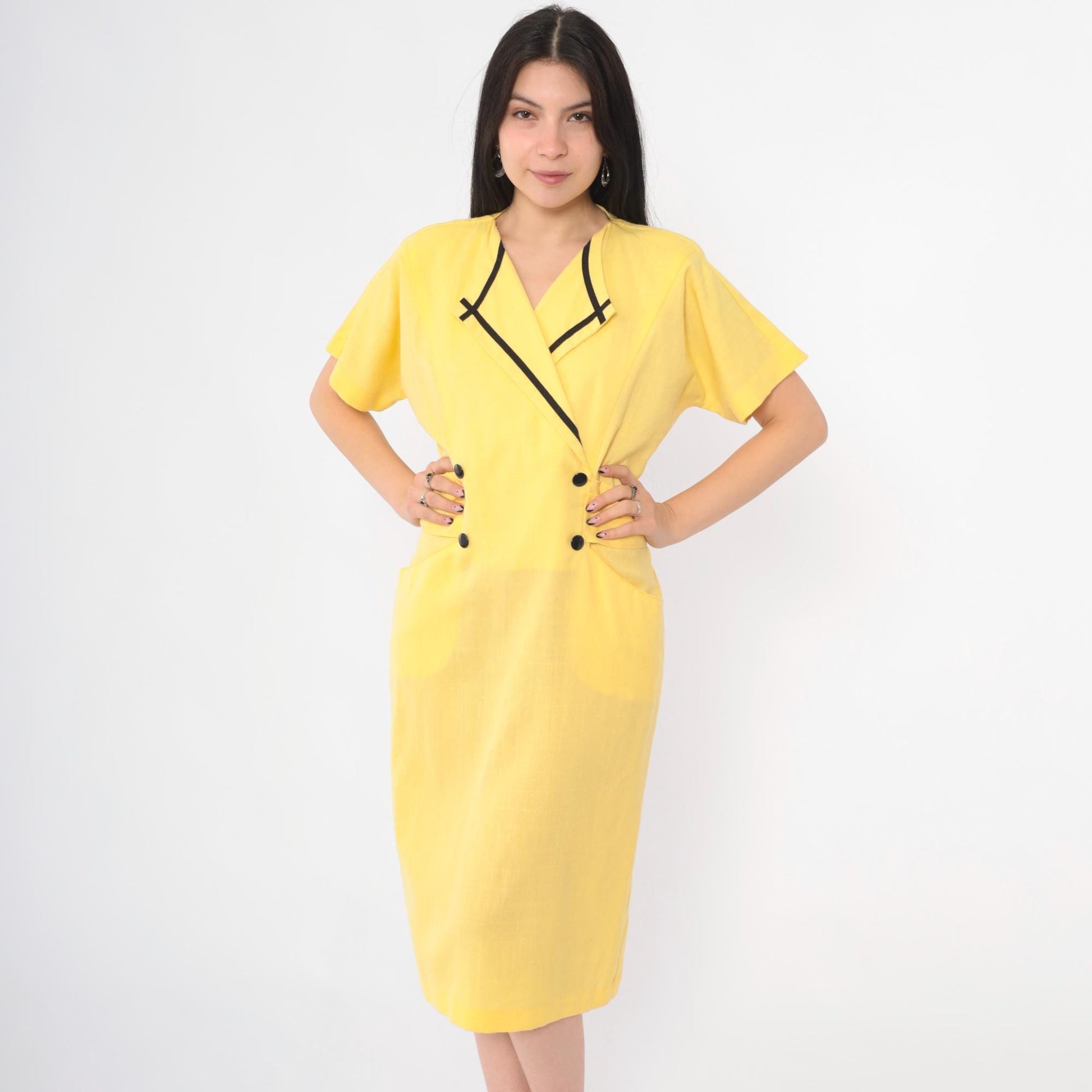 80s Damon Petite Yellow Midi Dress Double Breasted Button Front Black Trim Medium