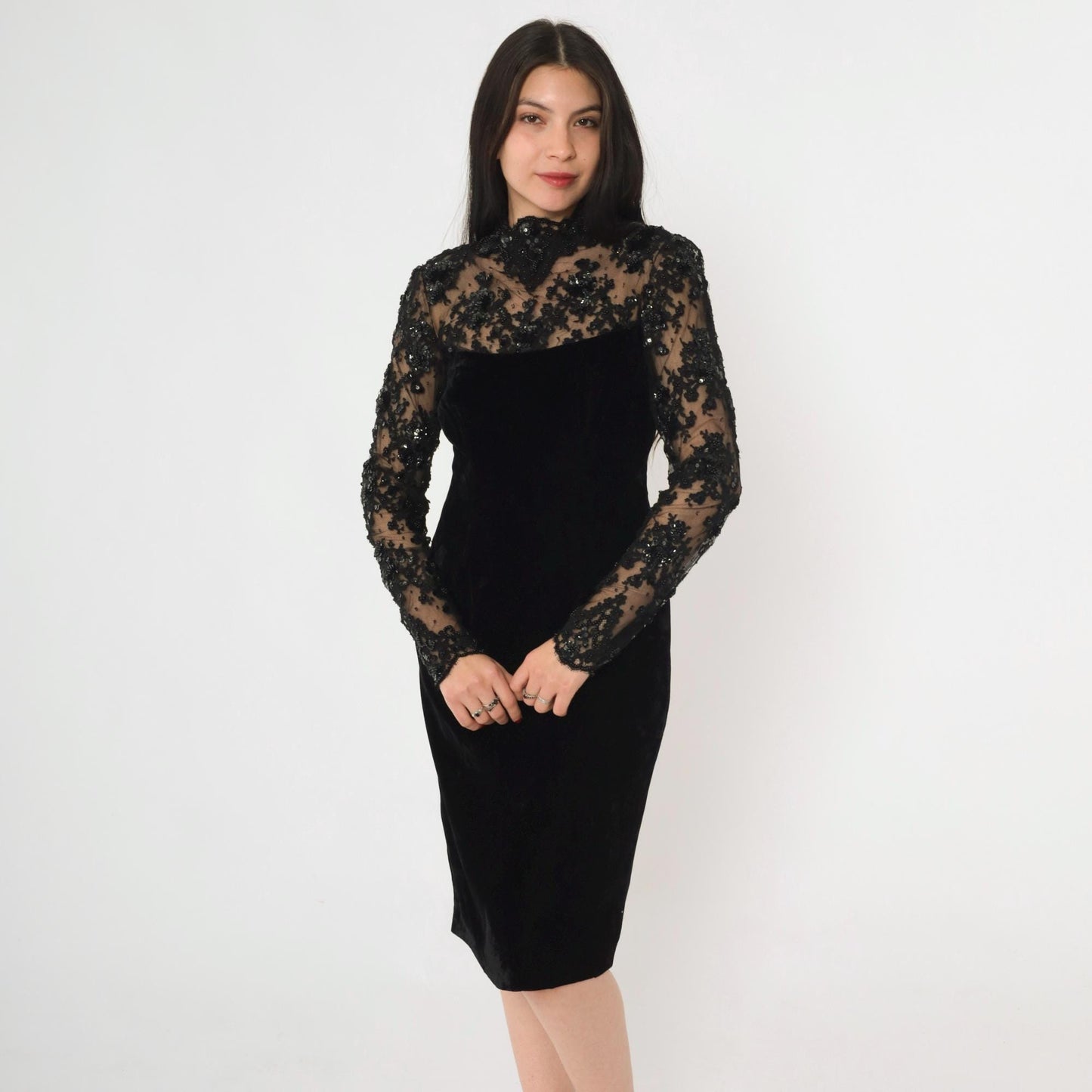 80s Oscar de la Renta Black Velvet Cocktail Dress Illusion Neckline Small