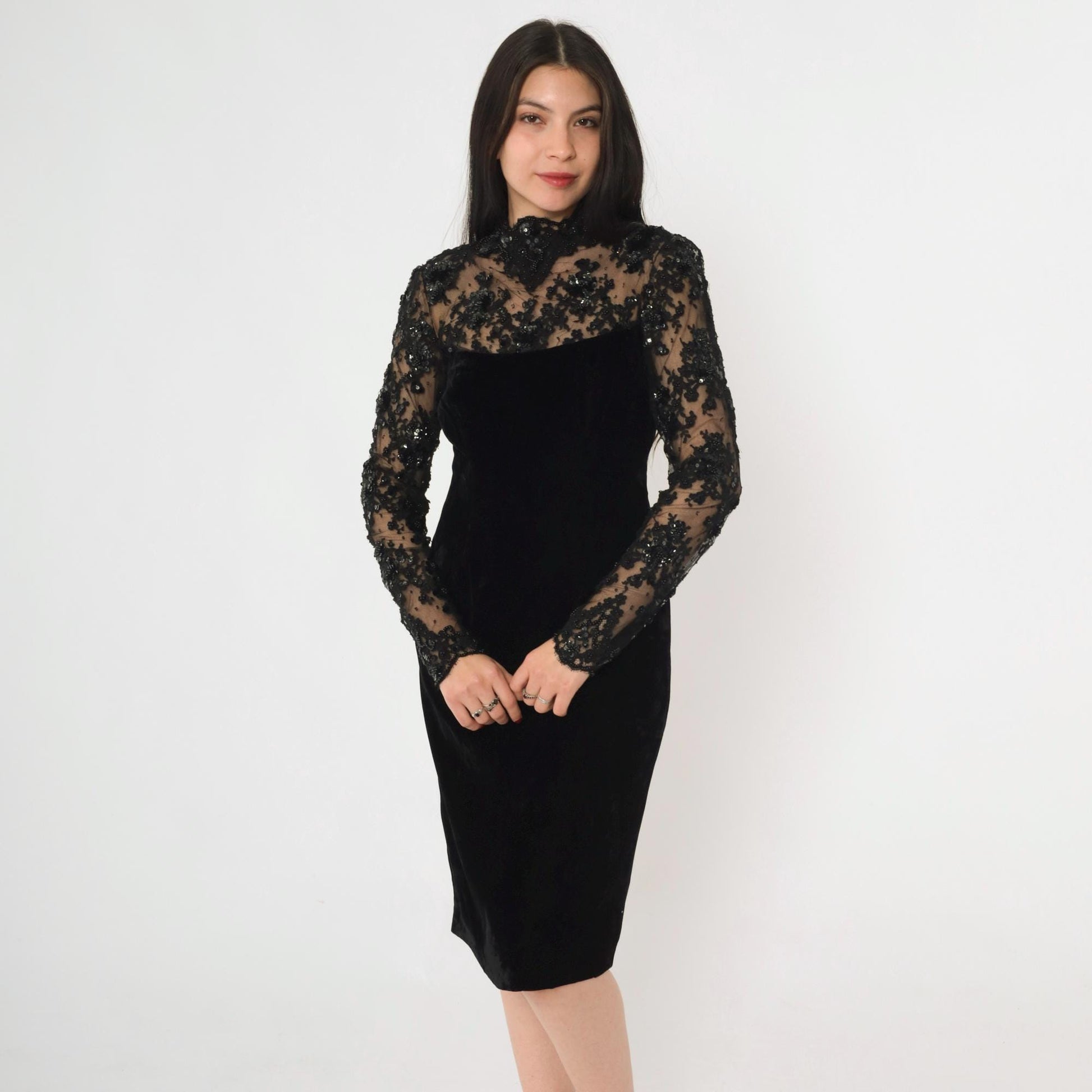 80s Oscar de la Renta Black Velvet Cocktail Dress Illusion Neckline Small