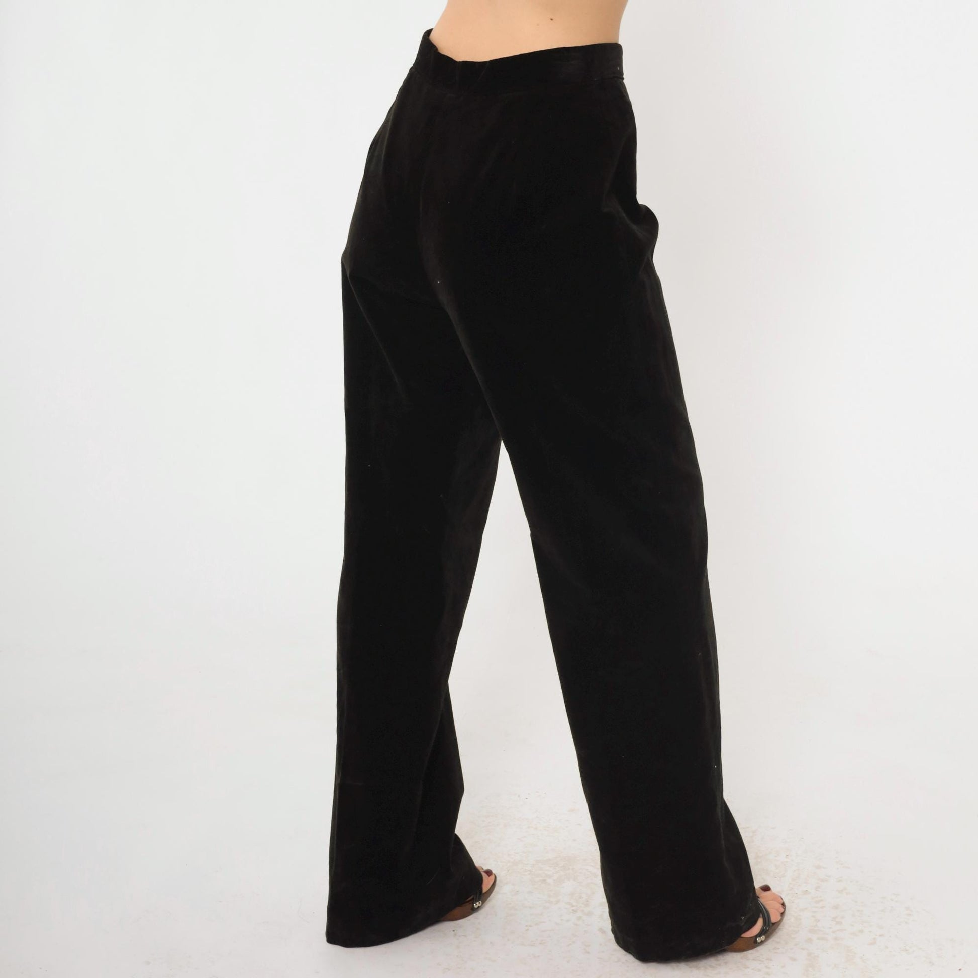 80s Evan Picone Black Velvet High-Waist Wide-Leg Trousers Small