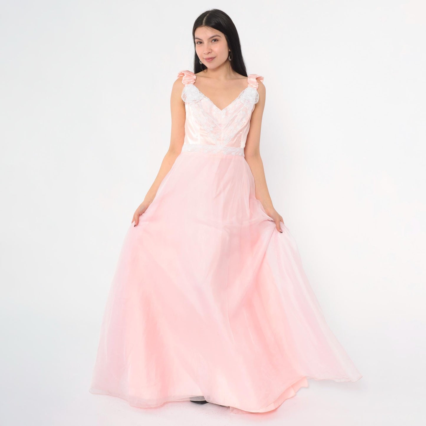 70s Priscilla of Boston Pink Chiffon Maxi Gown Ruched Bow Small