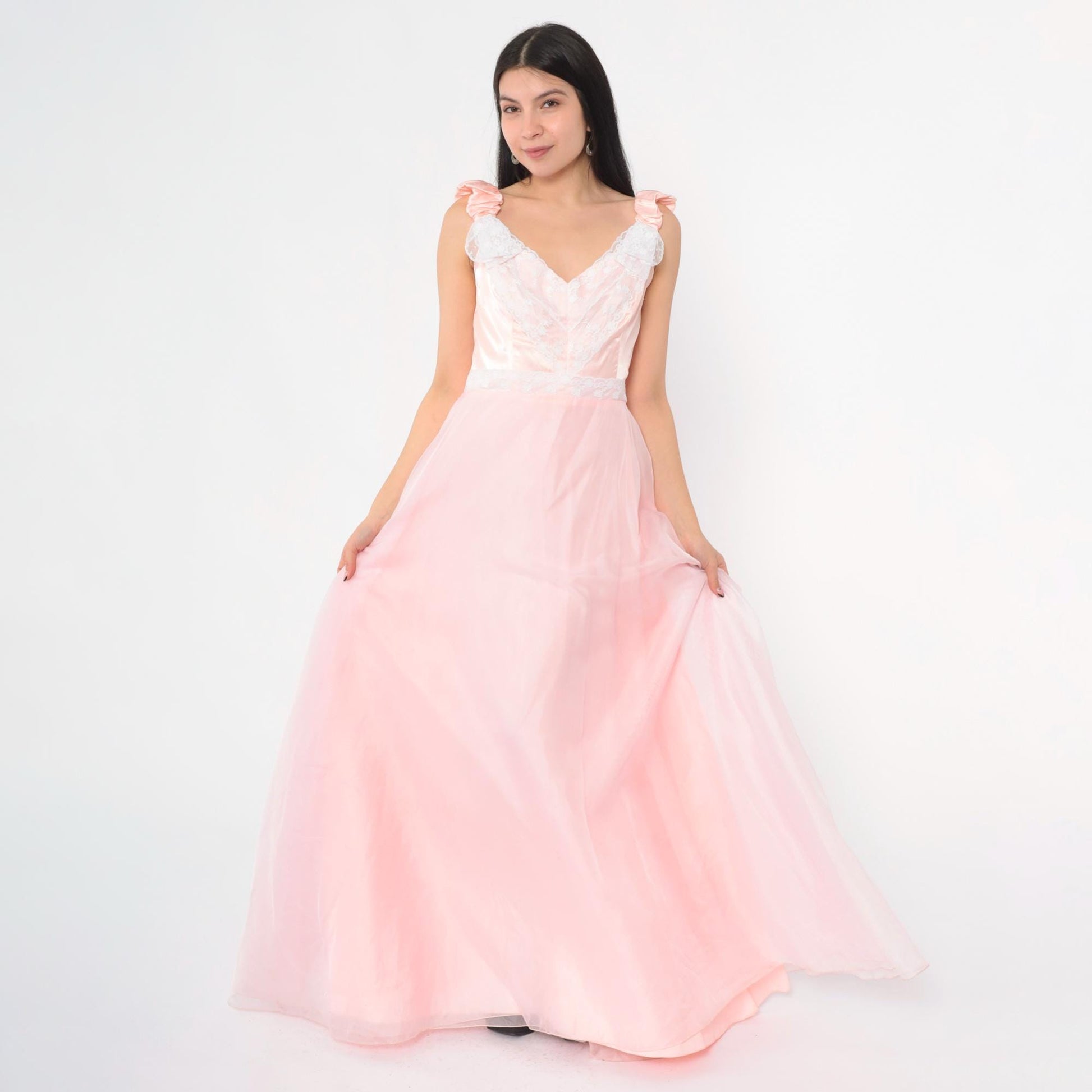 70s Priscilla of Boston Pink Chiffon Maxi Gown Ruched Bow Small