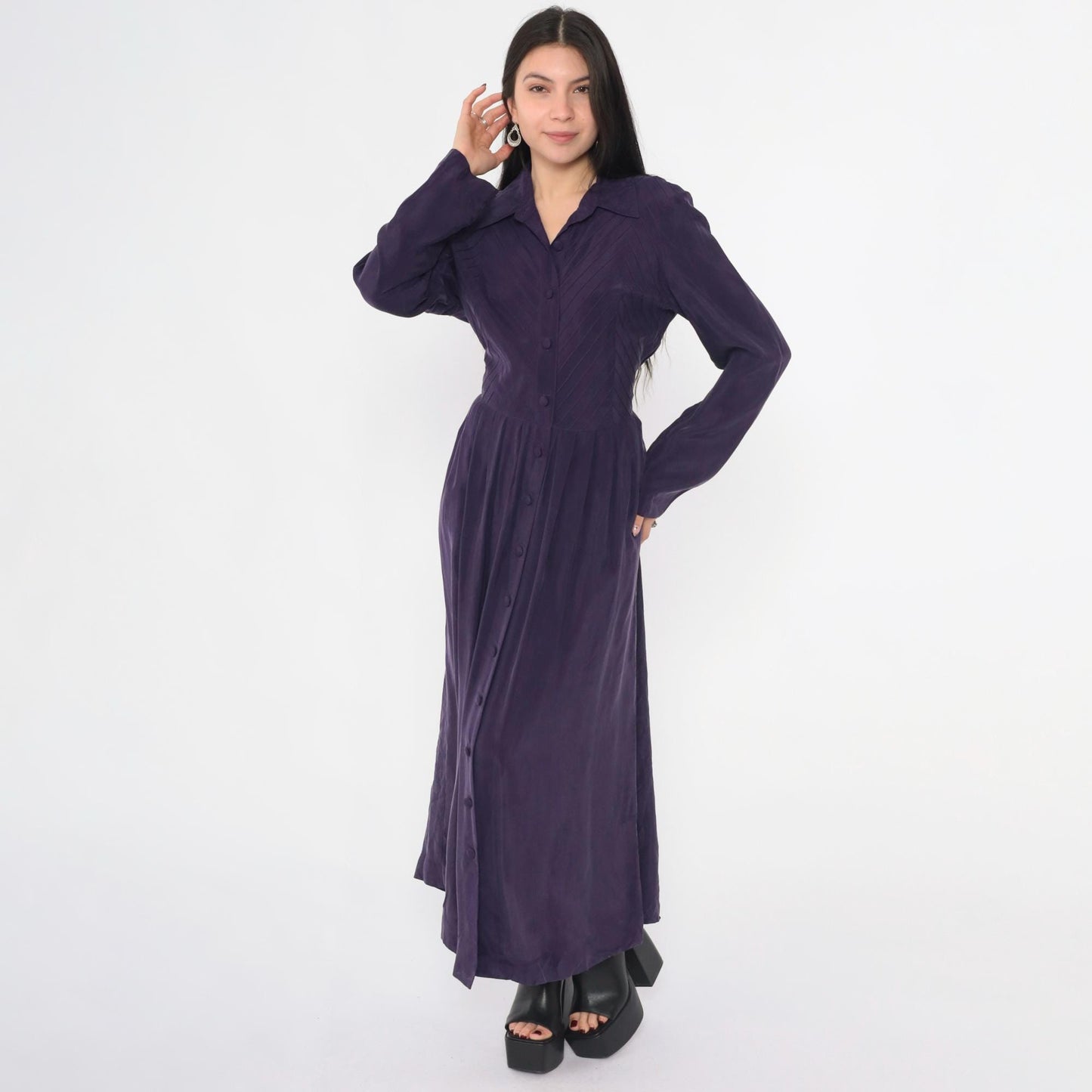 90s Coldwater Creek Purple Maxi Shirtdress Pintuck Collar Long Sleeve Medium M