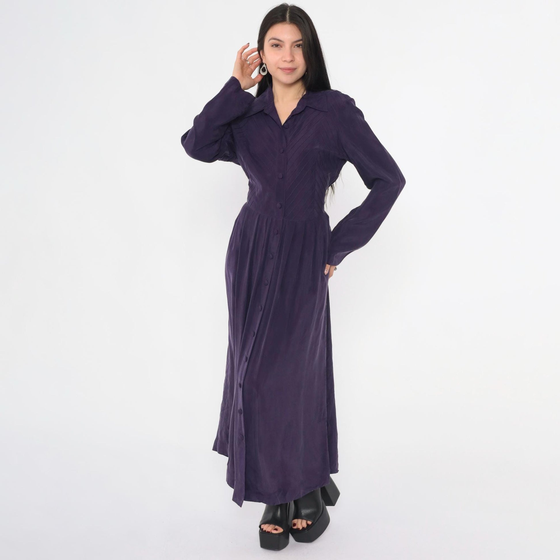 90s Coldwater Creek Purple Maxi Shirtdress Pintuck Collar Long Sleeve Medium M