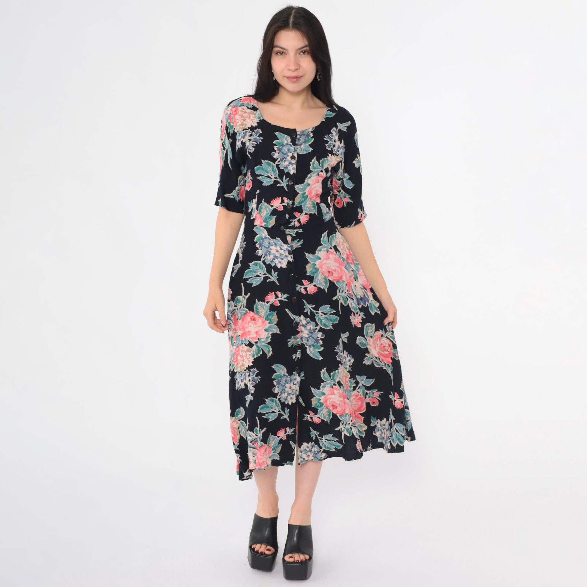 90s Black Floral Midi Dress Button-Up Scoop Neck Short Sleeve Small S