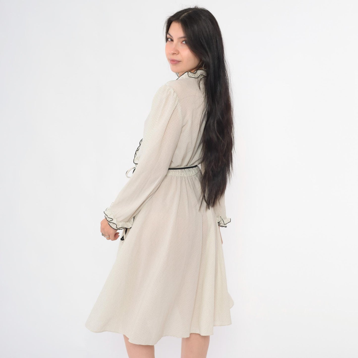 70s White Polka Dot Midi Wrap Dress Puff Sleeve V Neck High Waist Medium M
