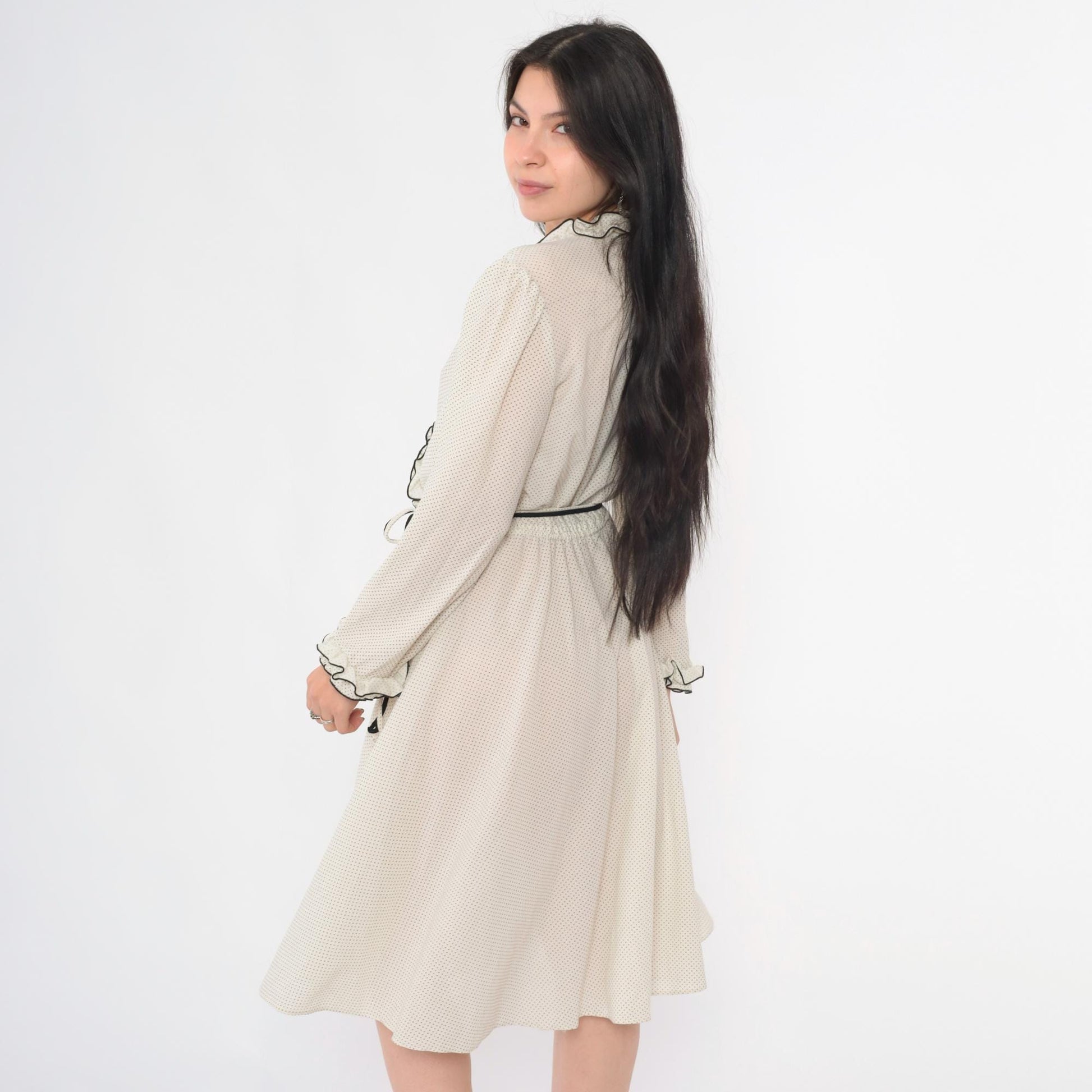 70s White Polka Dot Midi Wrap Dress Puff Sleeve V Neck High Waist Medium M