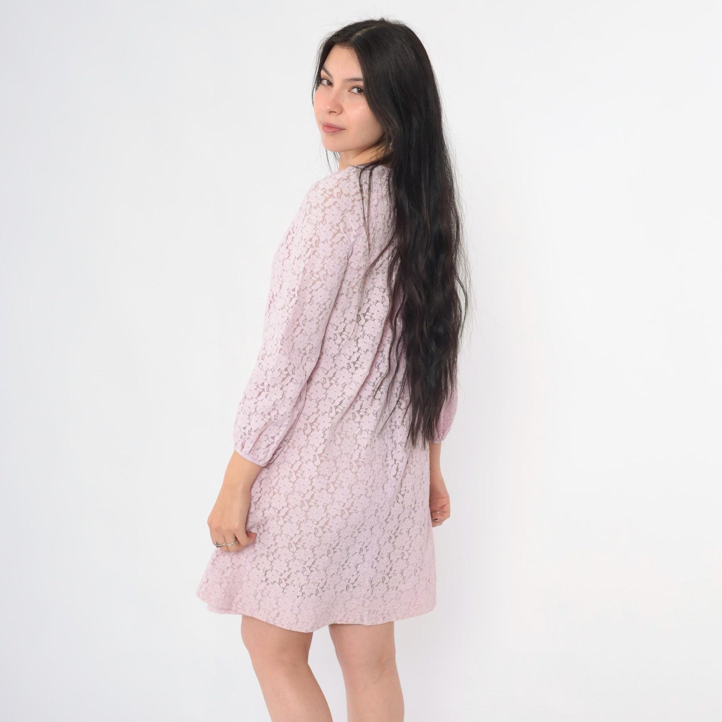 60s Lavender Lace Mini Dress Long Sleeve Shift Party Dress Small S