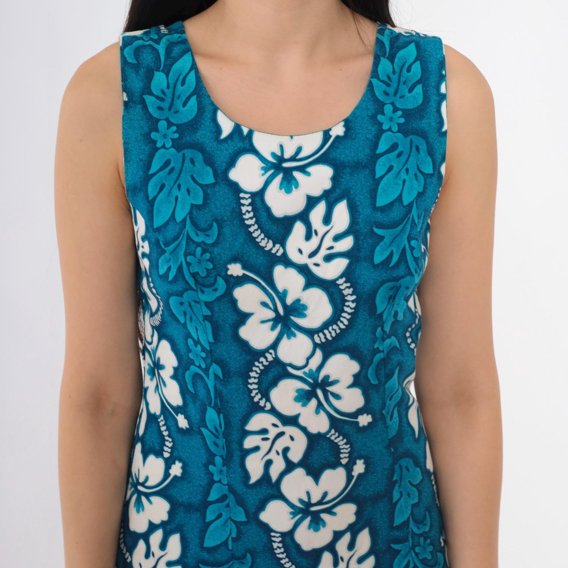 90s Hawaiian Floral Mini Dress Blue White Hibiscus Sleeveless Sheath Extra Small