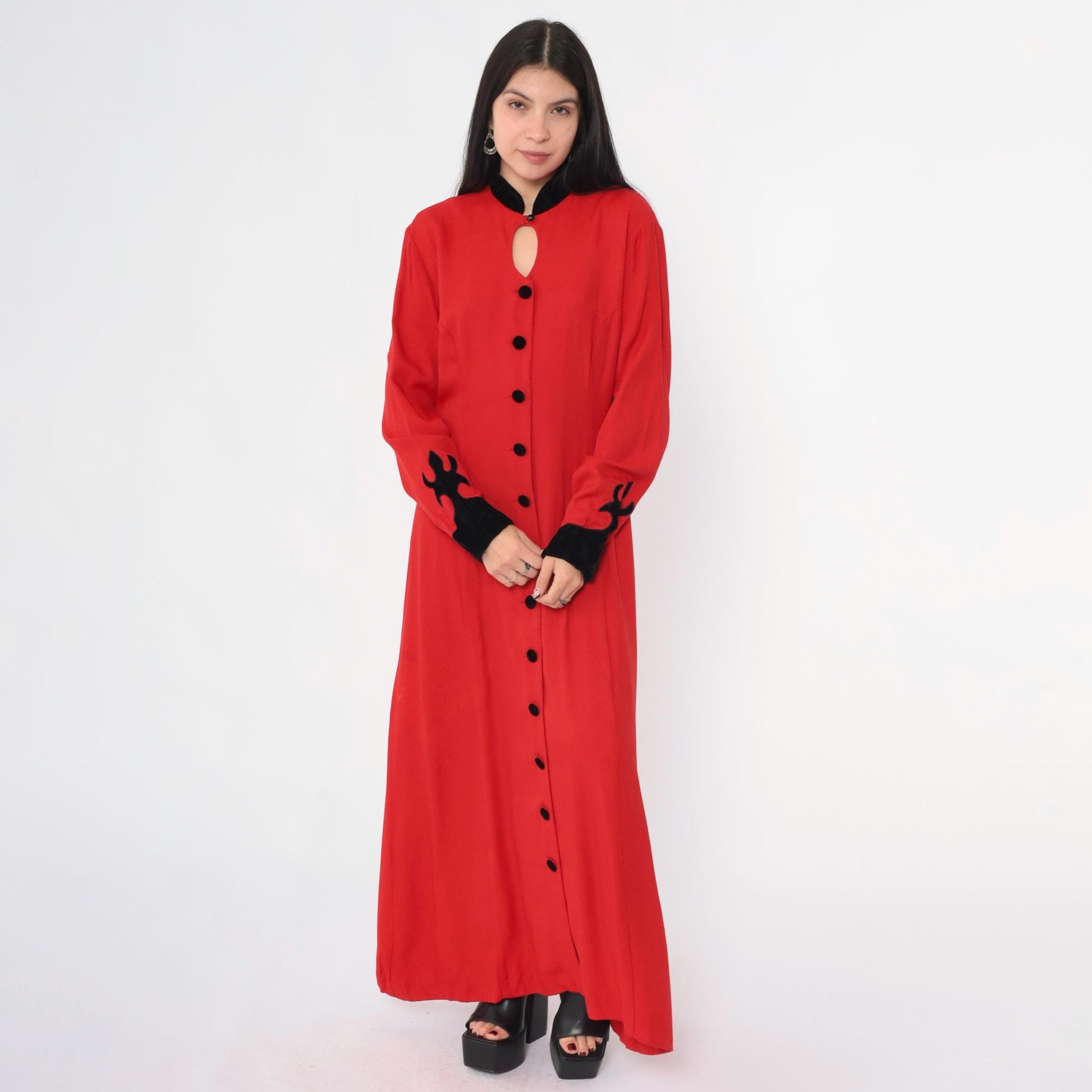 90s Panache Red Velvet Maxi Dress Button-Up Keyhole Mandarin Collar Large