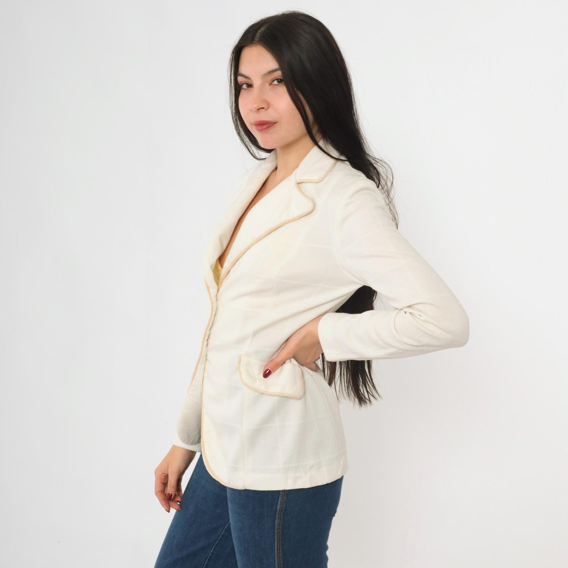 70s White Checkered Blazer Jacket Notched Collar Tan Trim Small