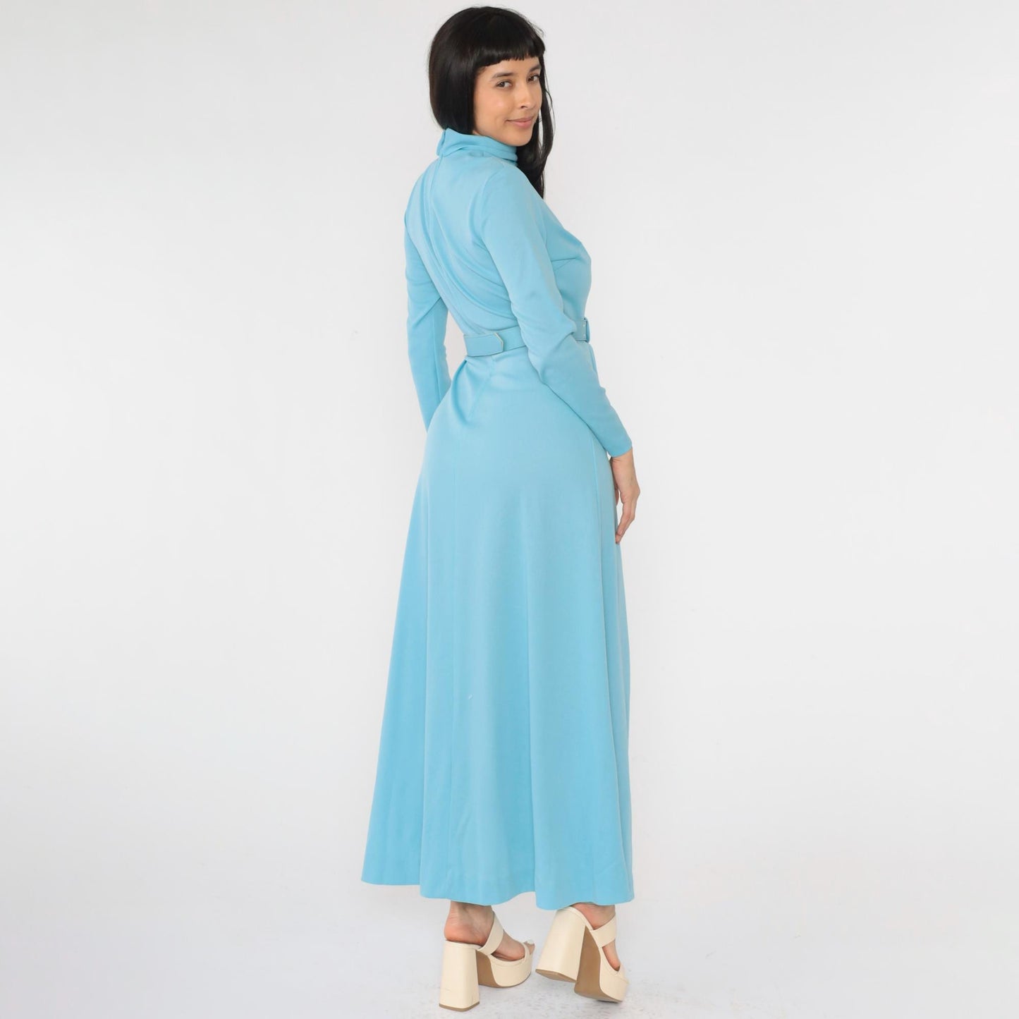 70s Light Blue Maxi Dress Draped A-Line Mock Neck Rhinestone Belt Small