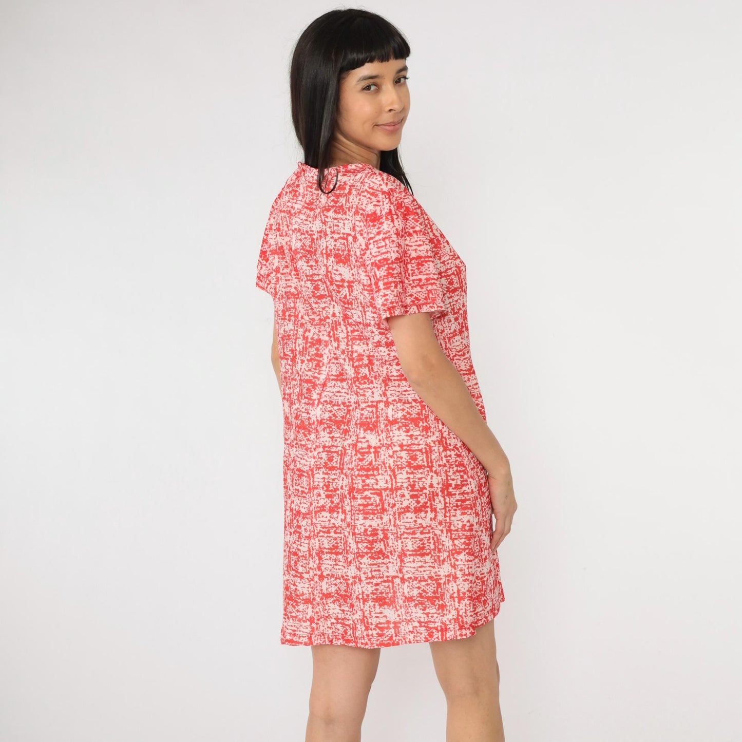 70s Abstract Red Mini Dress Puff Sleeve A-Line Shift Extra Large