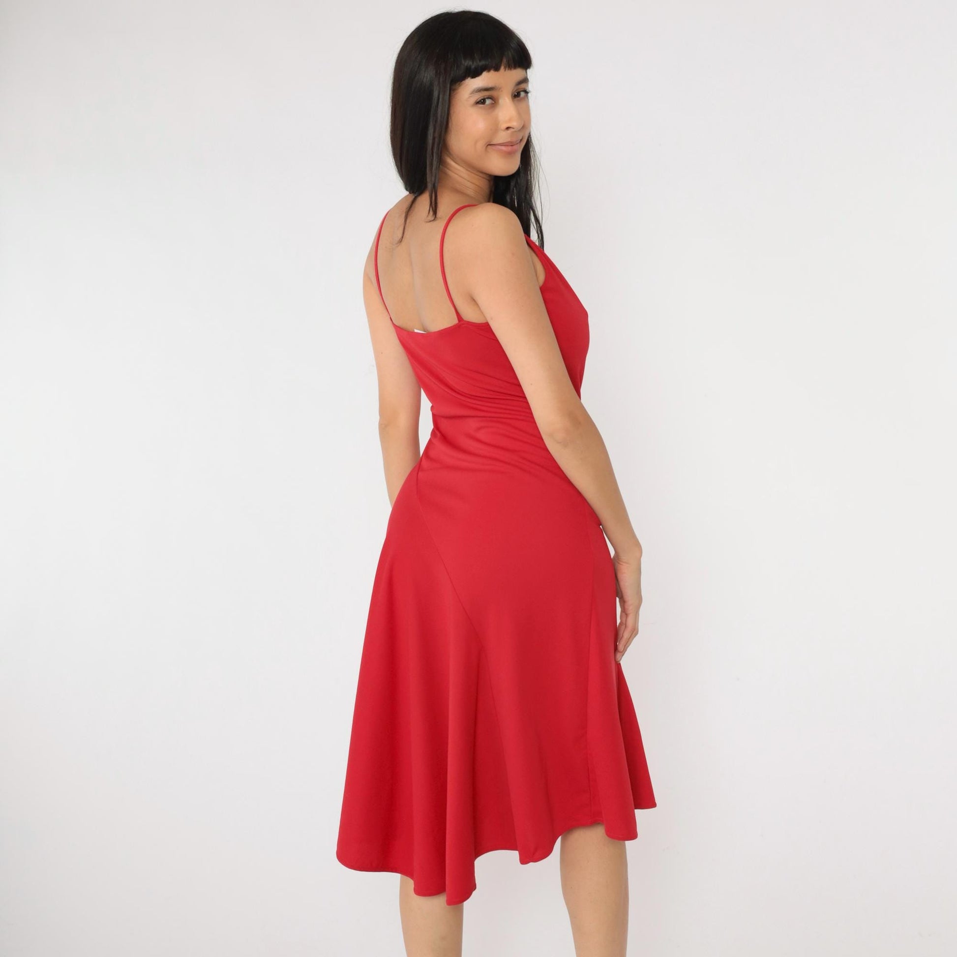 Y2K Red Cowl Neck Midi Dress Spaghetti Strap Fit Flare 00s Medium