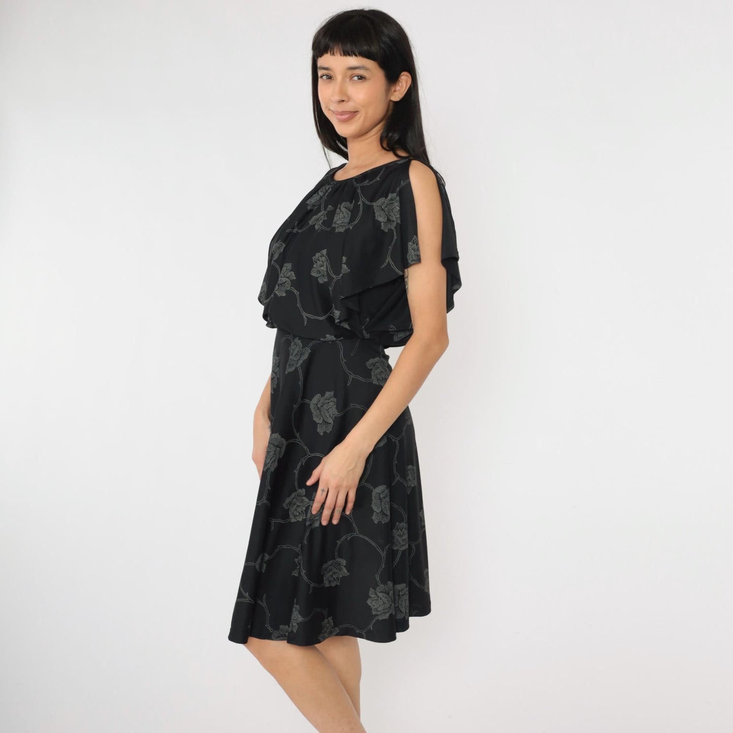 70s Black Floral Midi Dress High Waist Flutter Sleeve Small