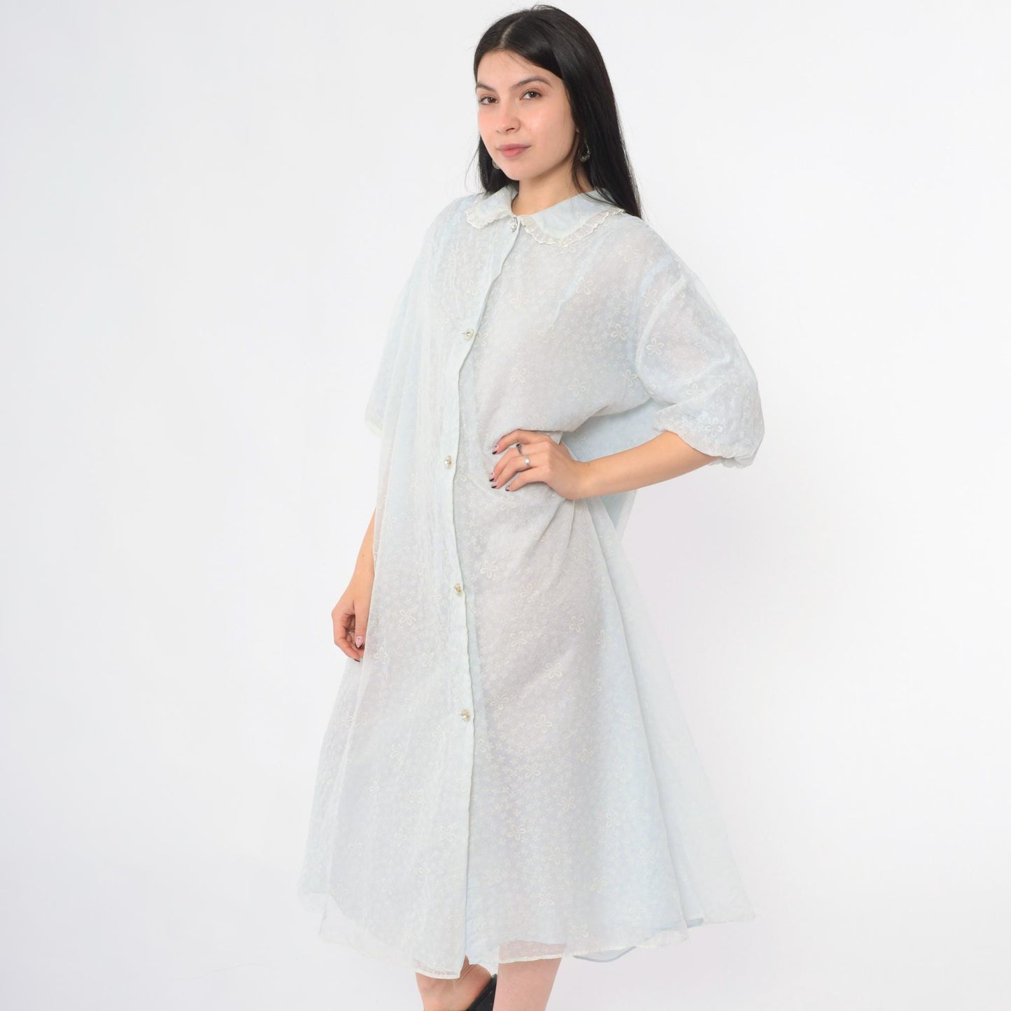 60s Light Blue Chiffon Robe Flocked Floral Peter Pan Collar Peignoir Extra Large