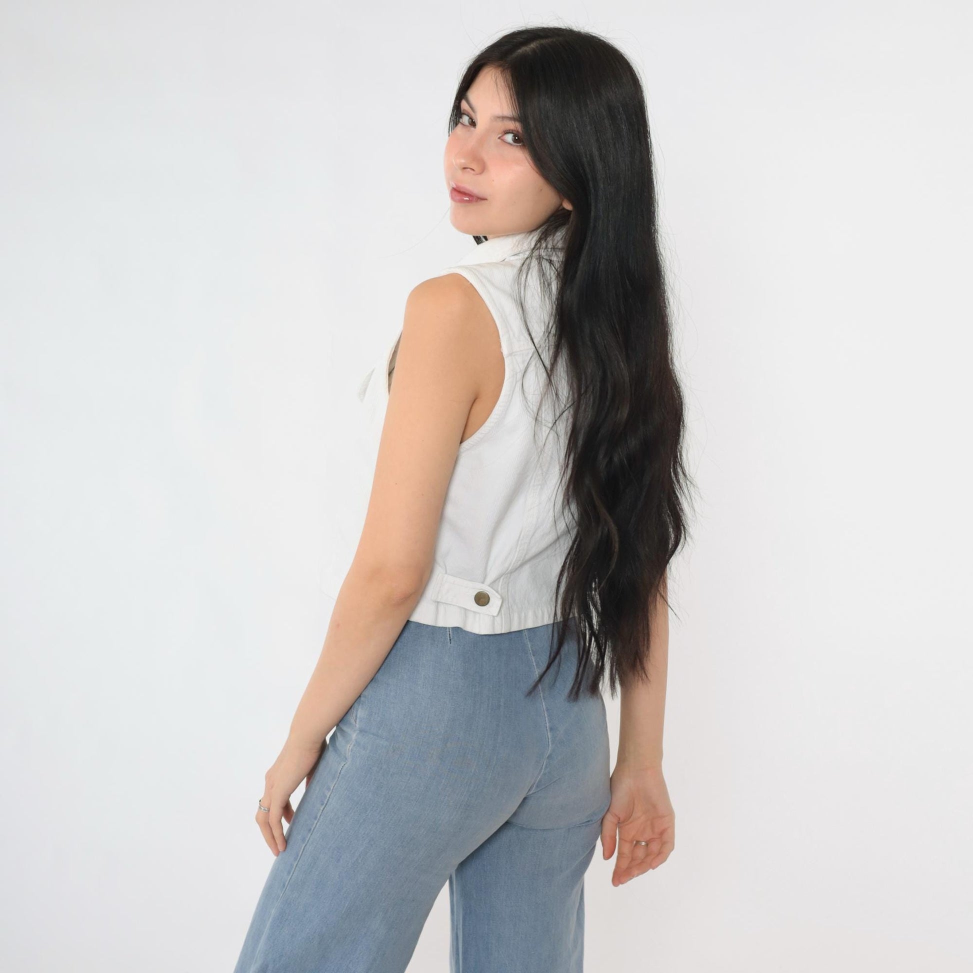 90s White Corduroy Vest Cropped Button-Up Utility Pockets Small