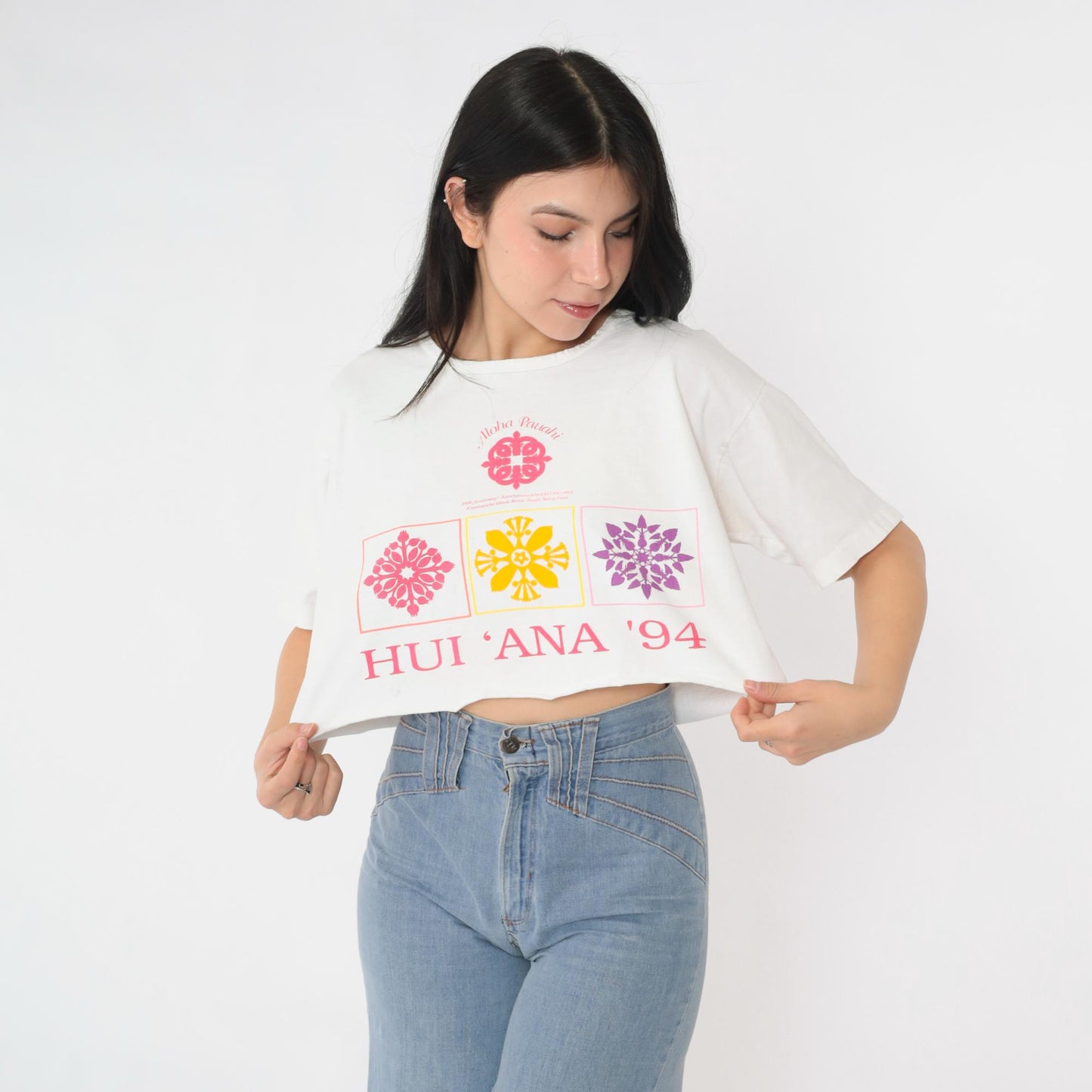 90s Hui Ana 1994 Hawaii Cropped T-Shirt White Graphic Tee Large L