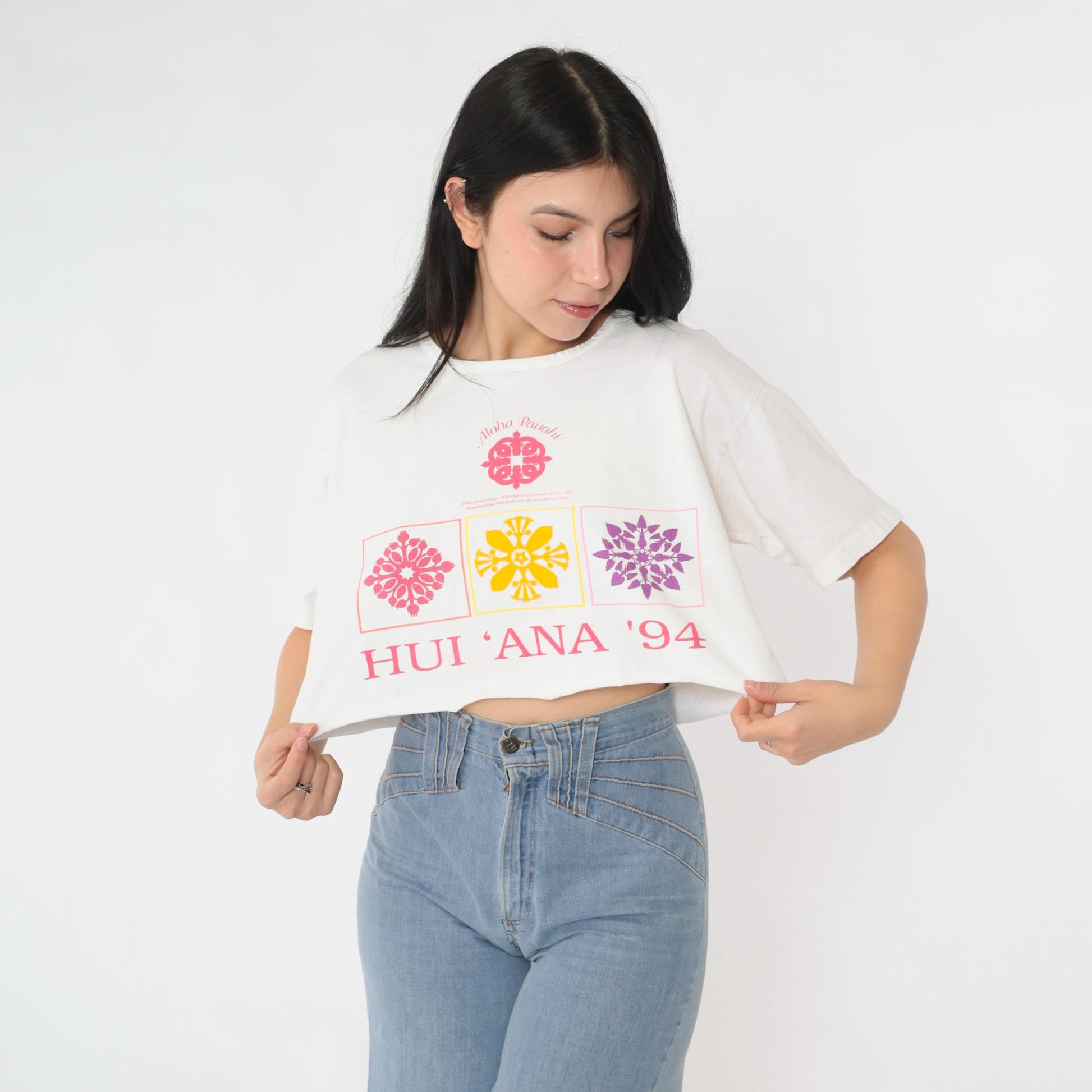 90s Hui Ana 1994 Hawaii Cropped T-Shirt White Graphic Tee Large L
