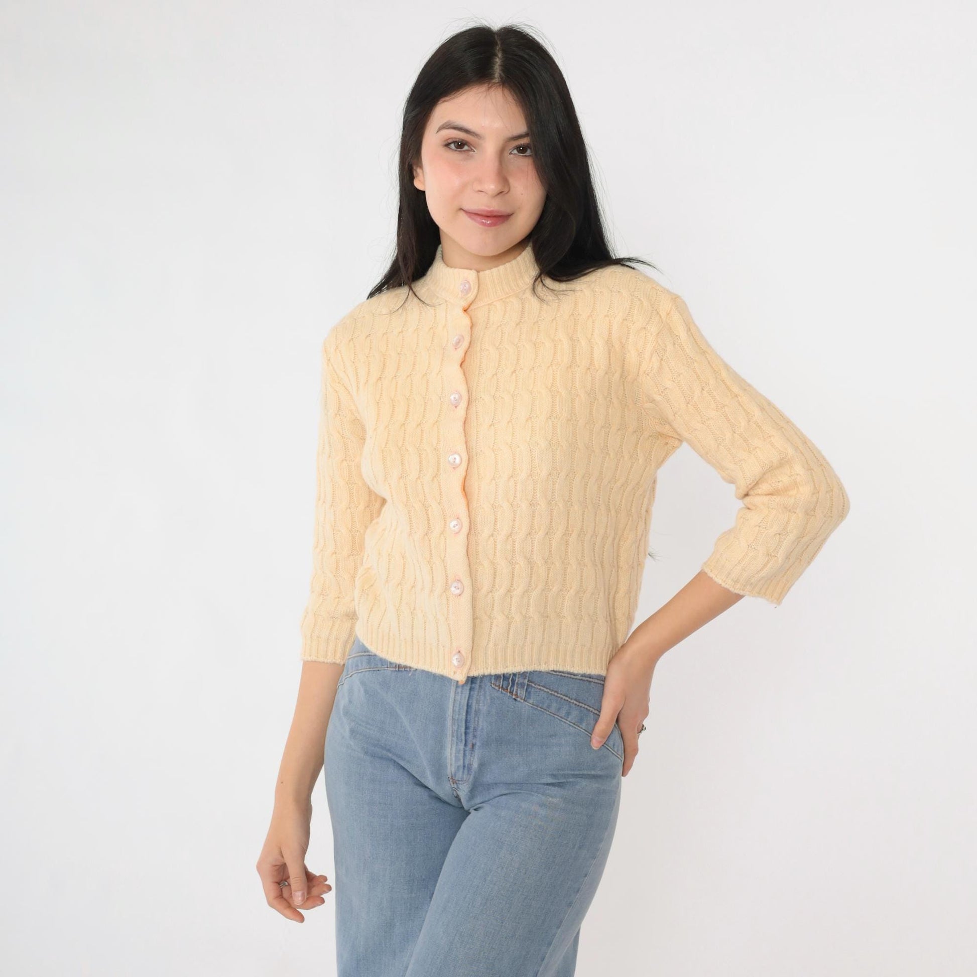 60s Cream Cable Knit Cardigan Cropped Wool Blend Button Up 3/4 Sleeve Extra Small