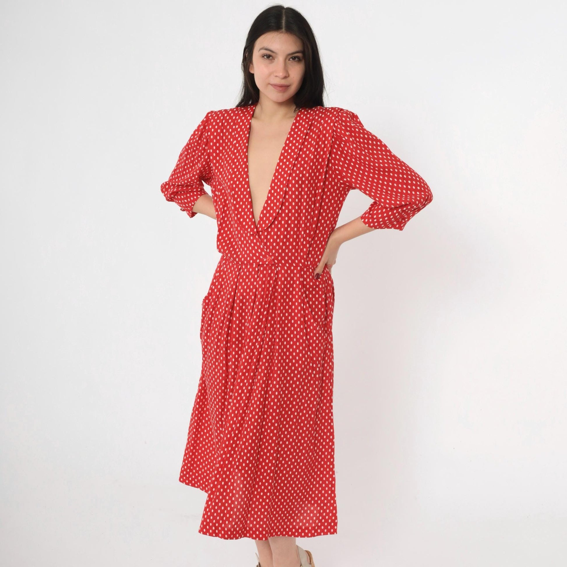 80s Red Polka Dot Midi Dress Deep V Puff Sleeve Pleated Small
