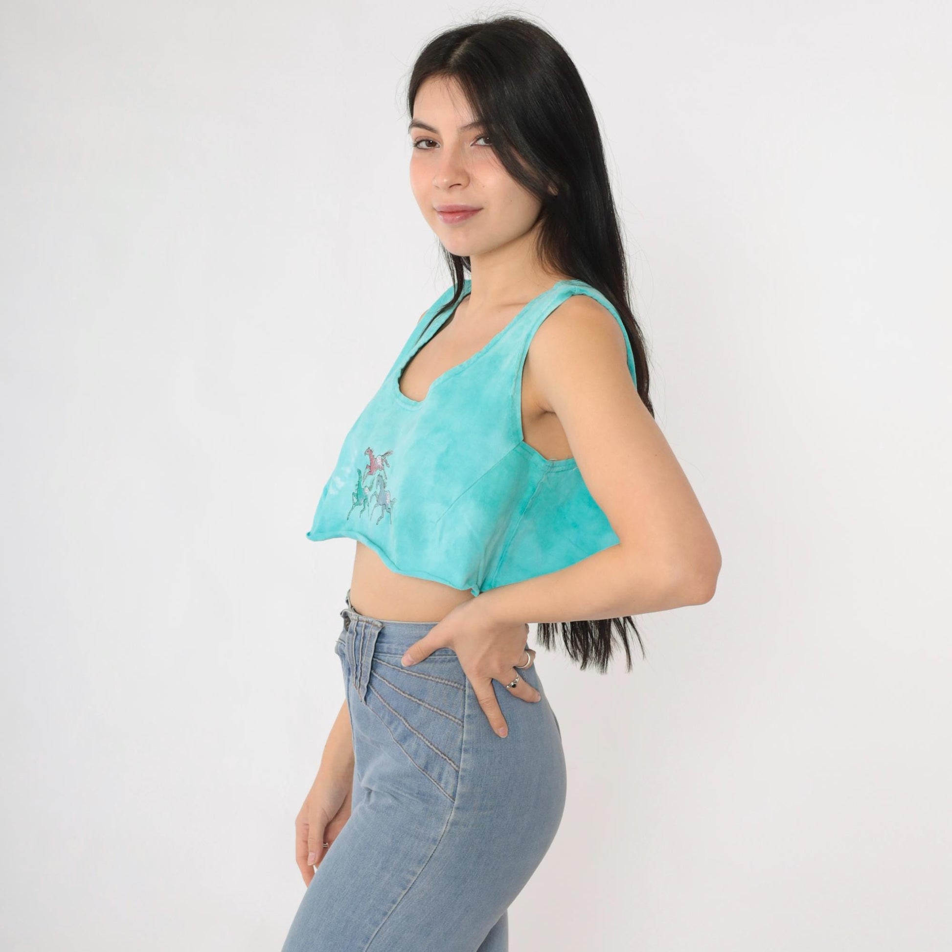 90s Horse Tie Dye Crop Tank Top Turquoise Scoop Neck Small Medium