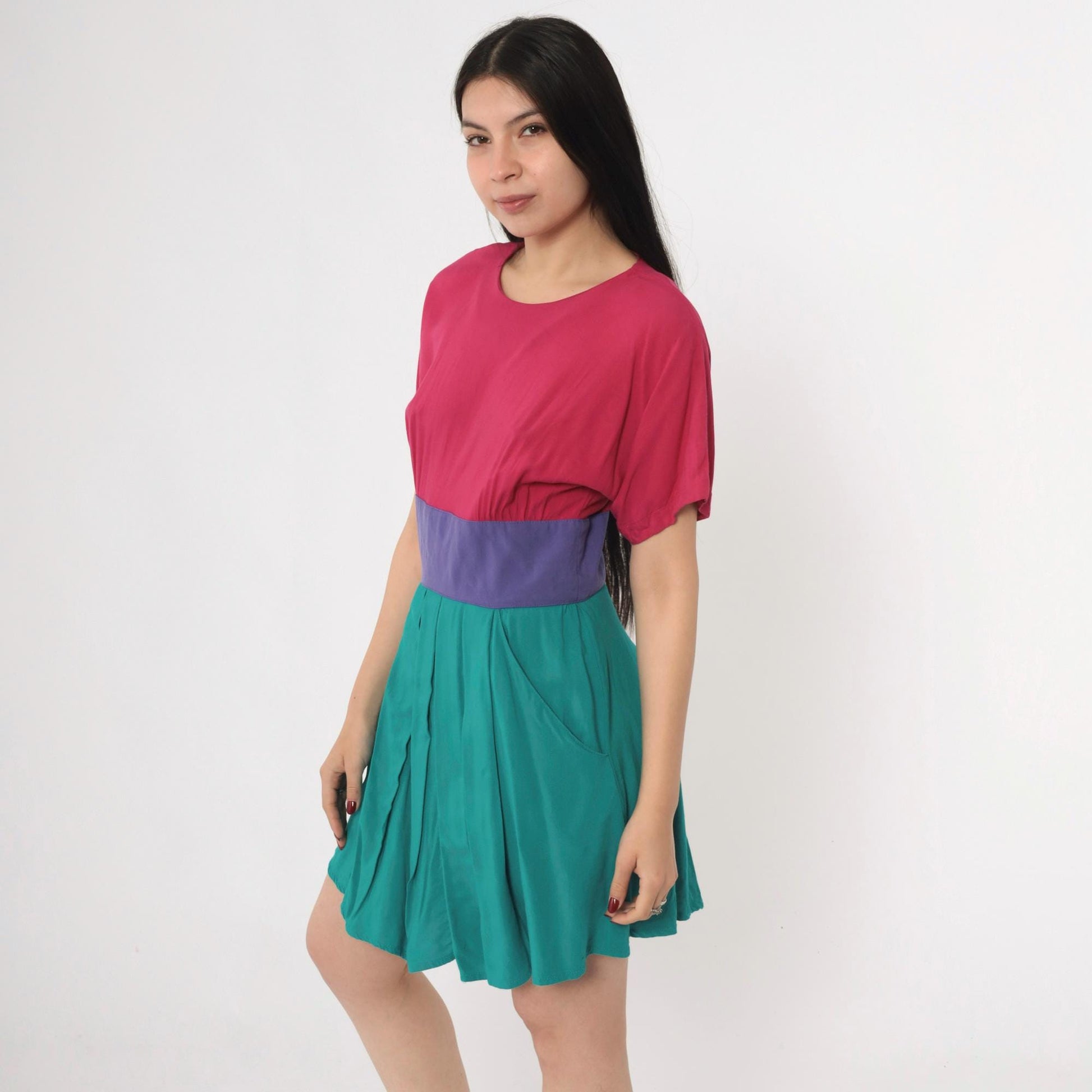 80s Steven Michaels Color Block Mini Dress Fuchsia Teal Purple High Waist Medium