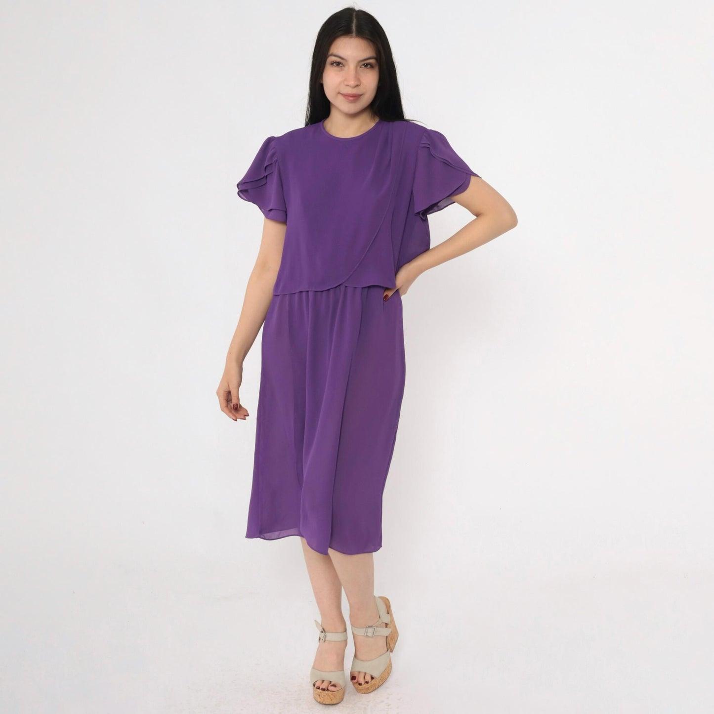 80s Purple Tulip Sleeve Dress Layered Bodice Knee Length Medium M