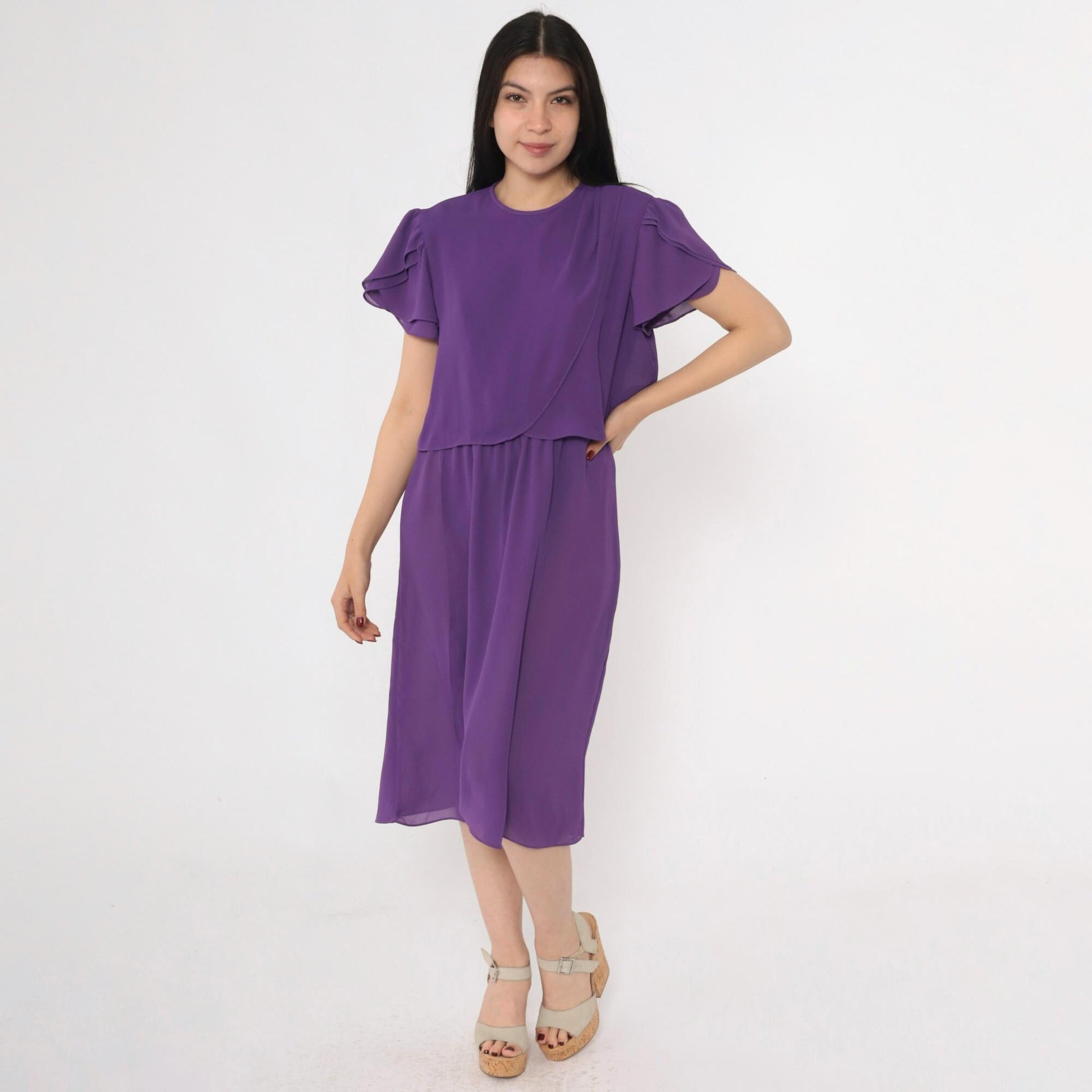 80s Purple Tulip Sleeve Dress Layered Bodice Knee Length Medium M