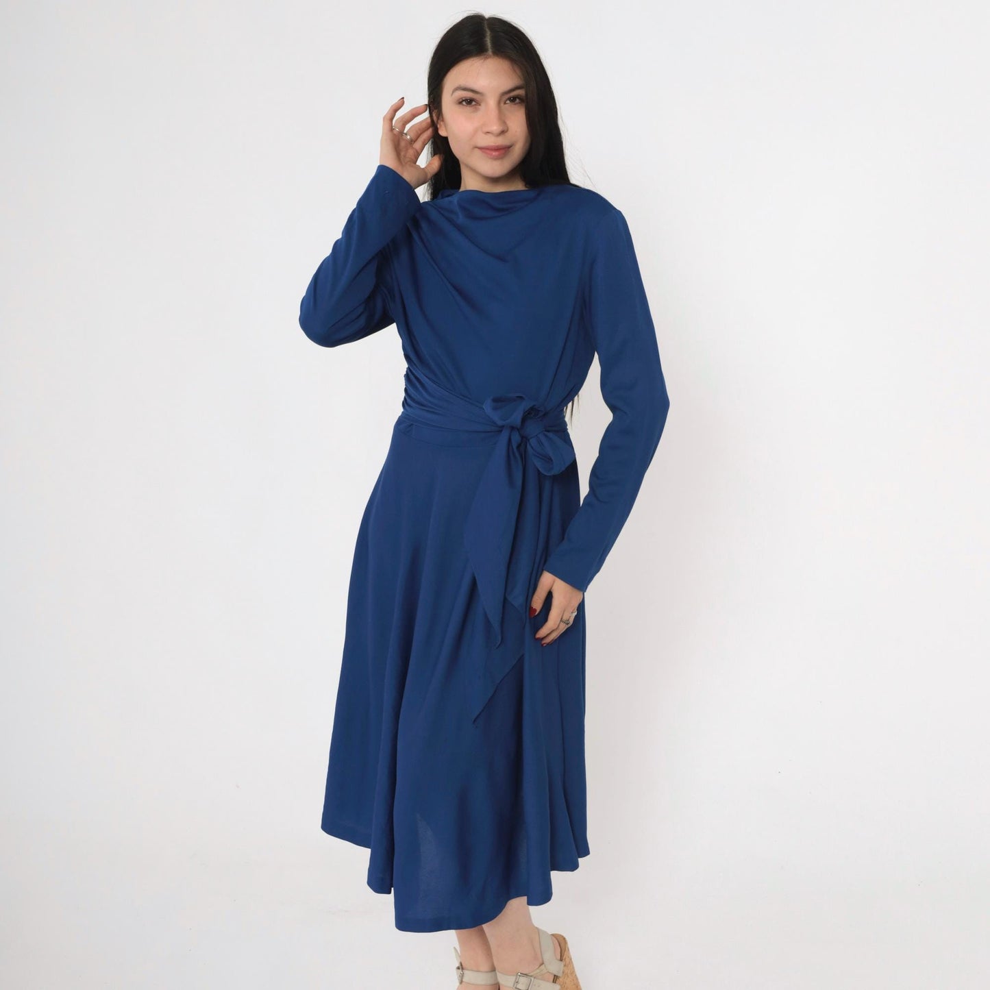 70s Royal Blue Dress Draped Boat Neck Tie Waist Midi A-Line Long Sleeve Large