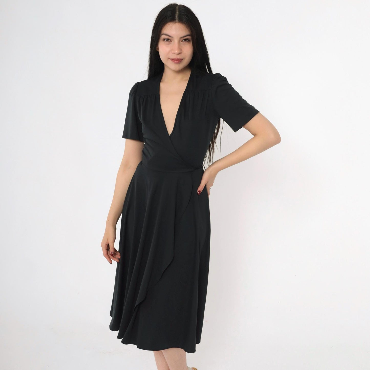 70s Young Edwardian Arpeja Black Wrap Midi Dress Puff Sleeve V Neck Small